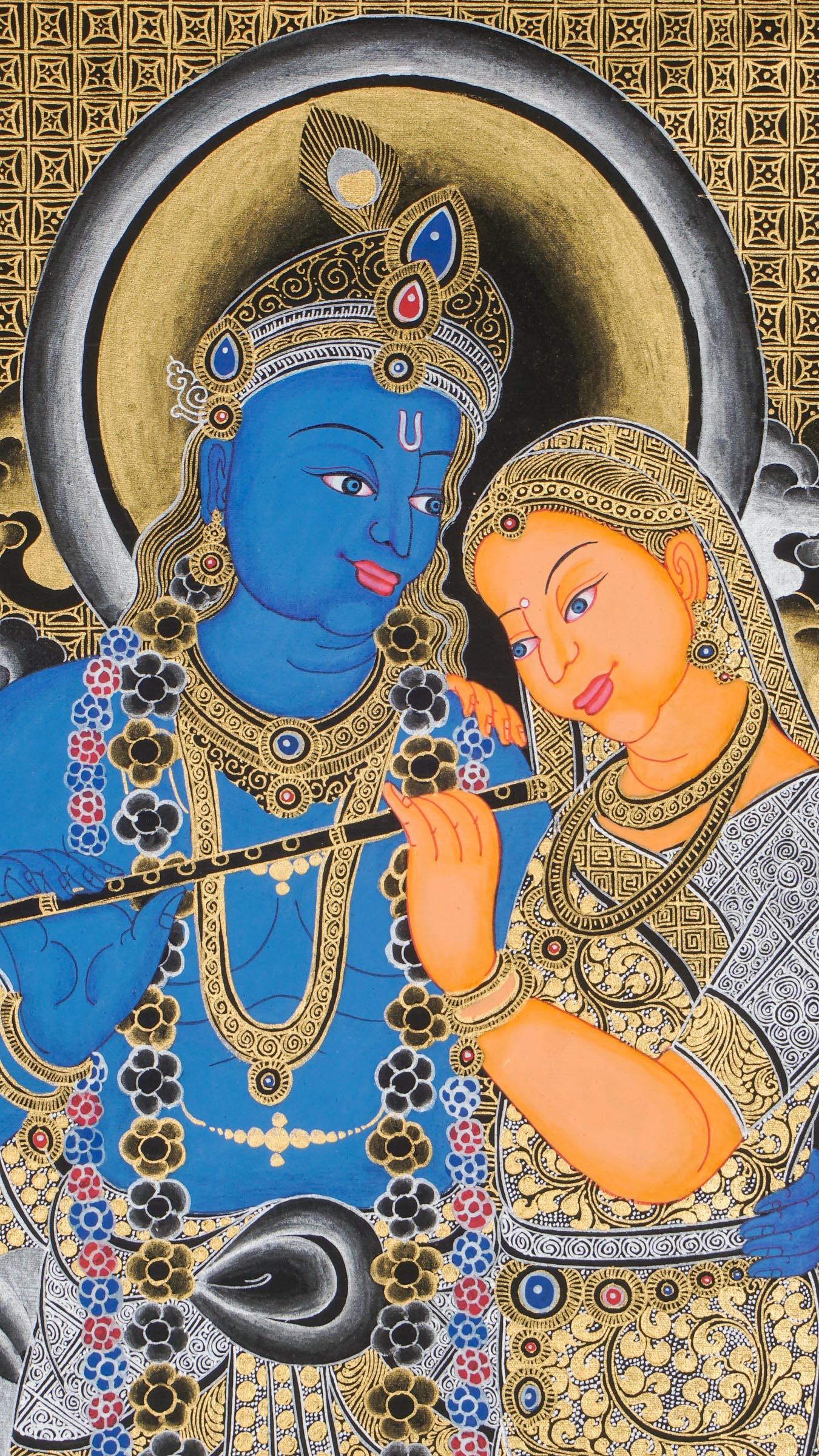 Radha Krishna Thangka - a hand-painted art beautifully portraying the eternal bond of love and spiritual unity between Lord Krishna and Radha.