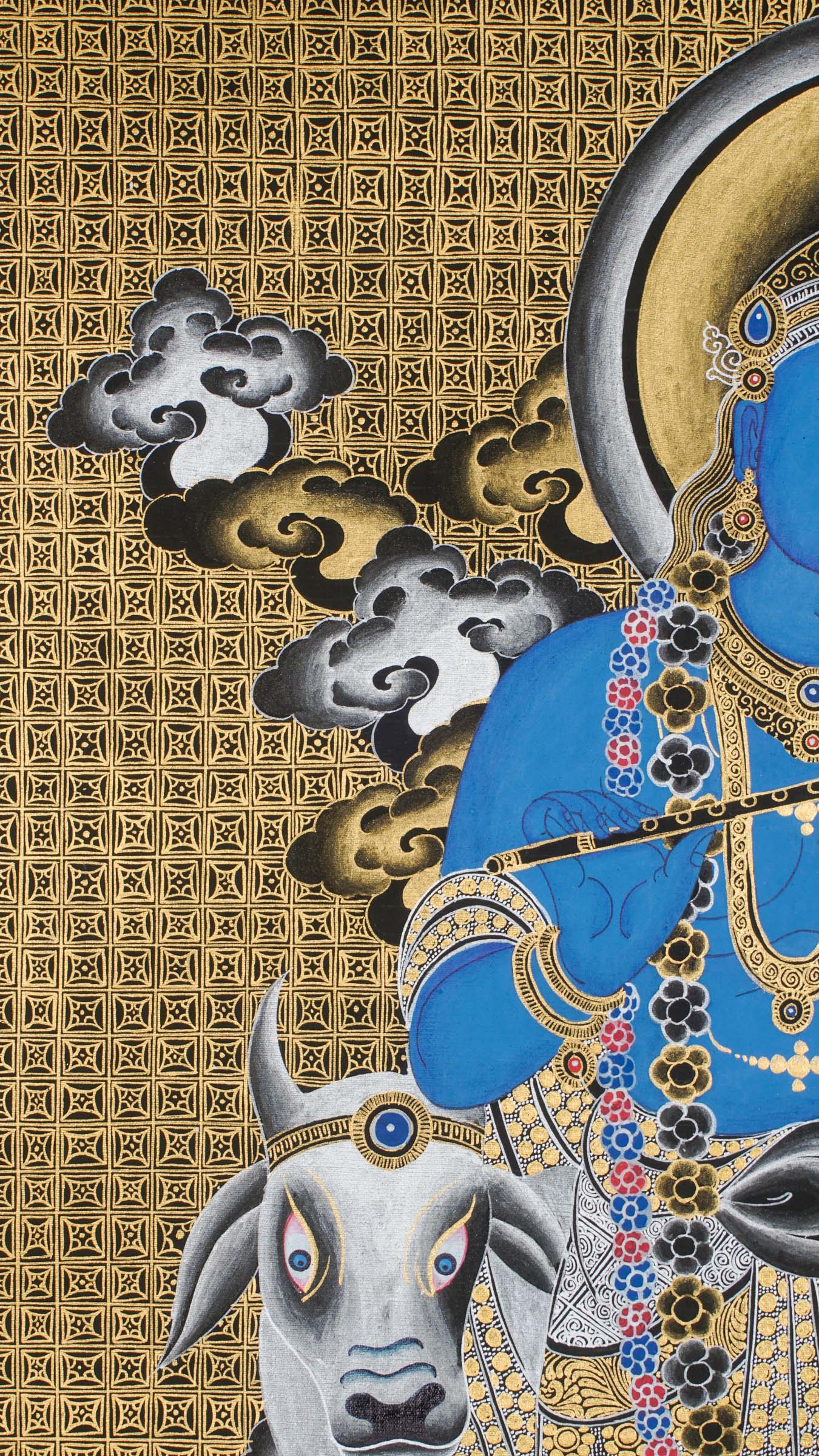 Radha Krishna Thangka - a hand-painted art beautifully portraying the eternal bond of love and spiritual unity between Lord Krishna and Radha.