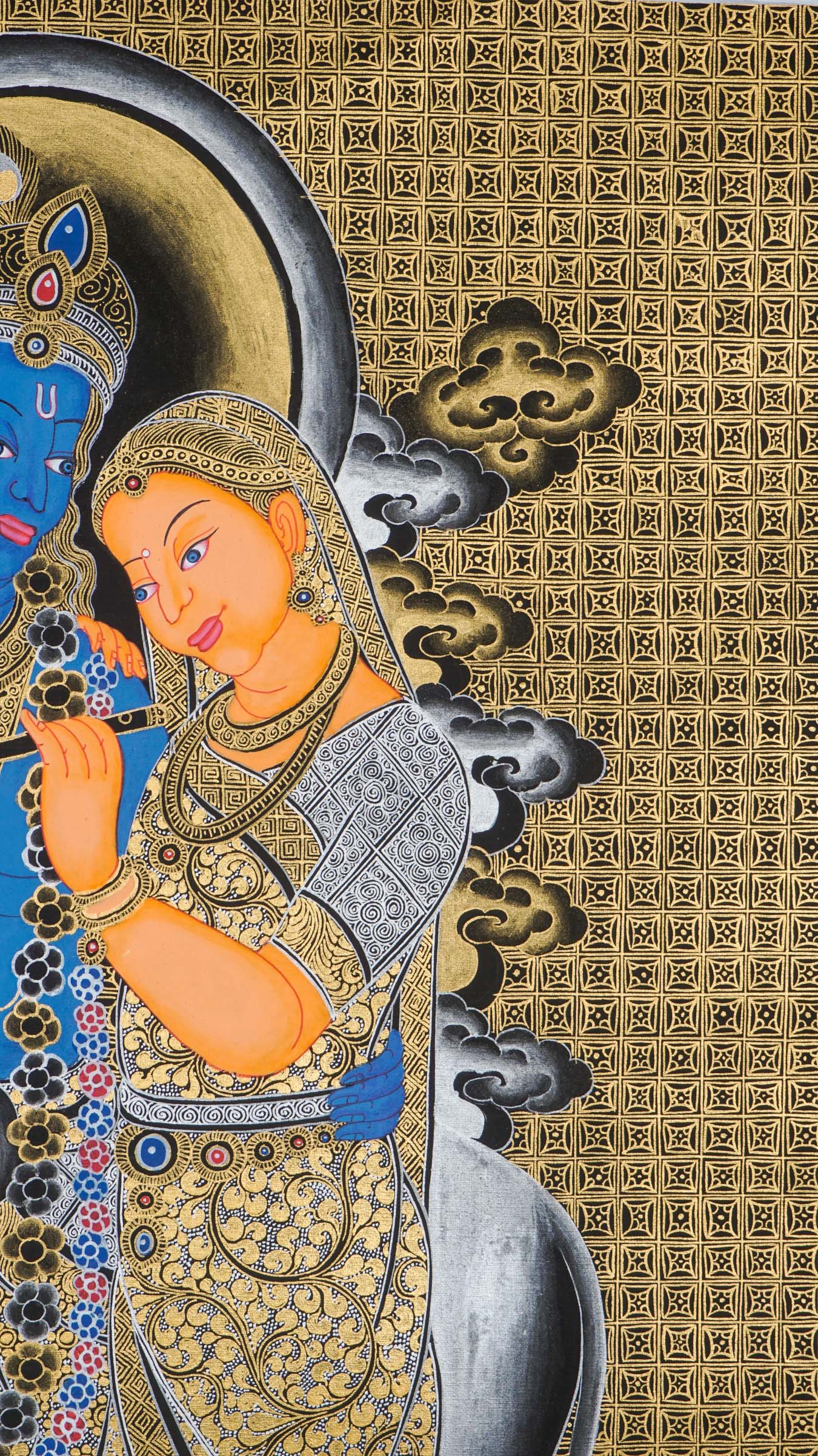 Radha Krishna Thangka - a hand-painted art beautifully portraying the eternal bond of love and spiritual unity between Lord Krishna and Radha.