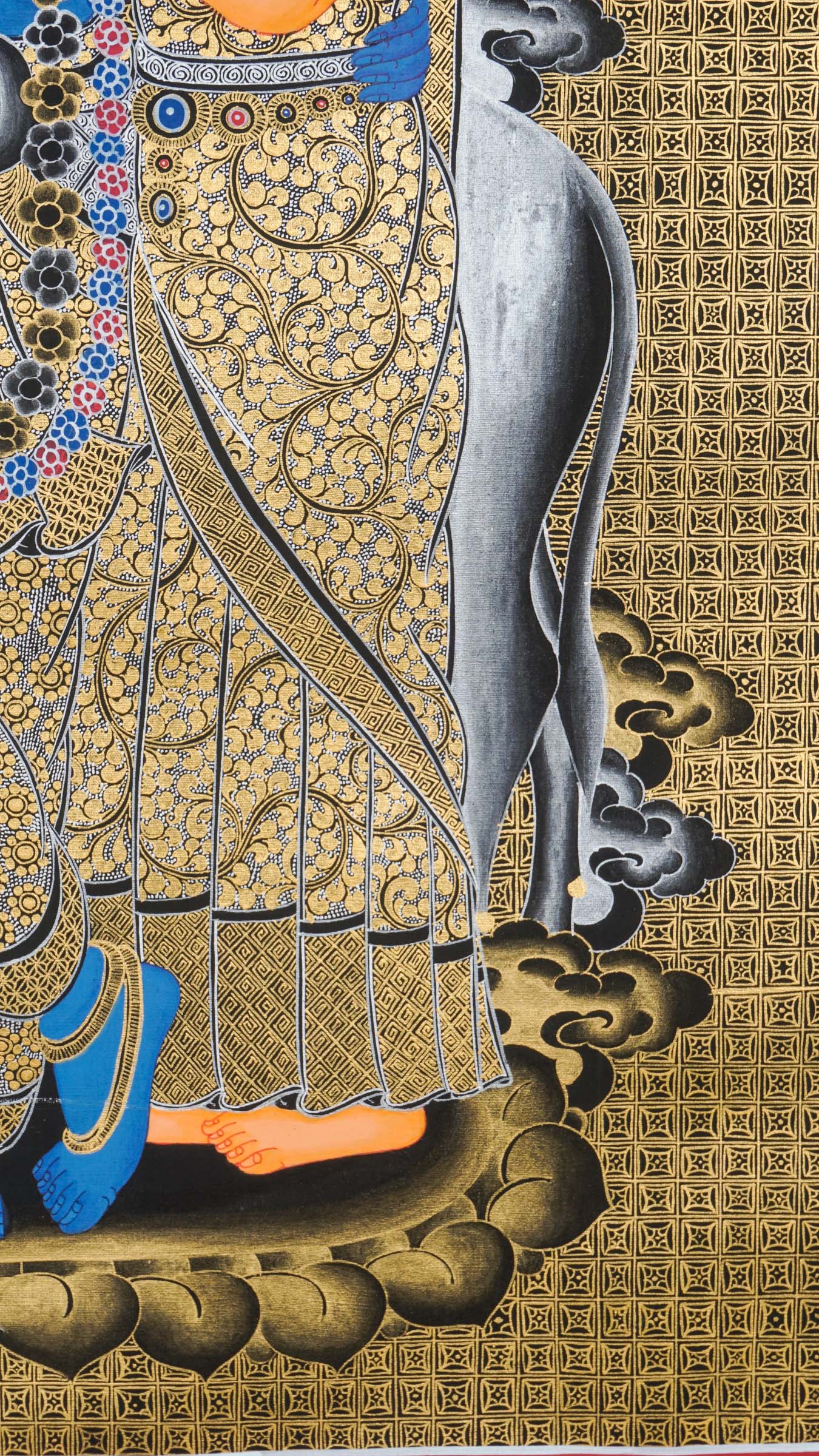 Radha Krishna Thangka - a hand-painted art beautifully portraying the eternal bond of love and spiritual unity between Lord Krishna and Radha.