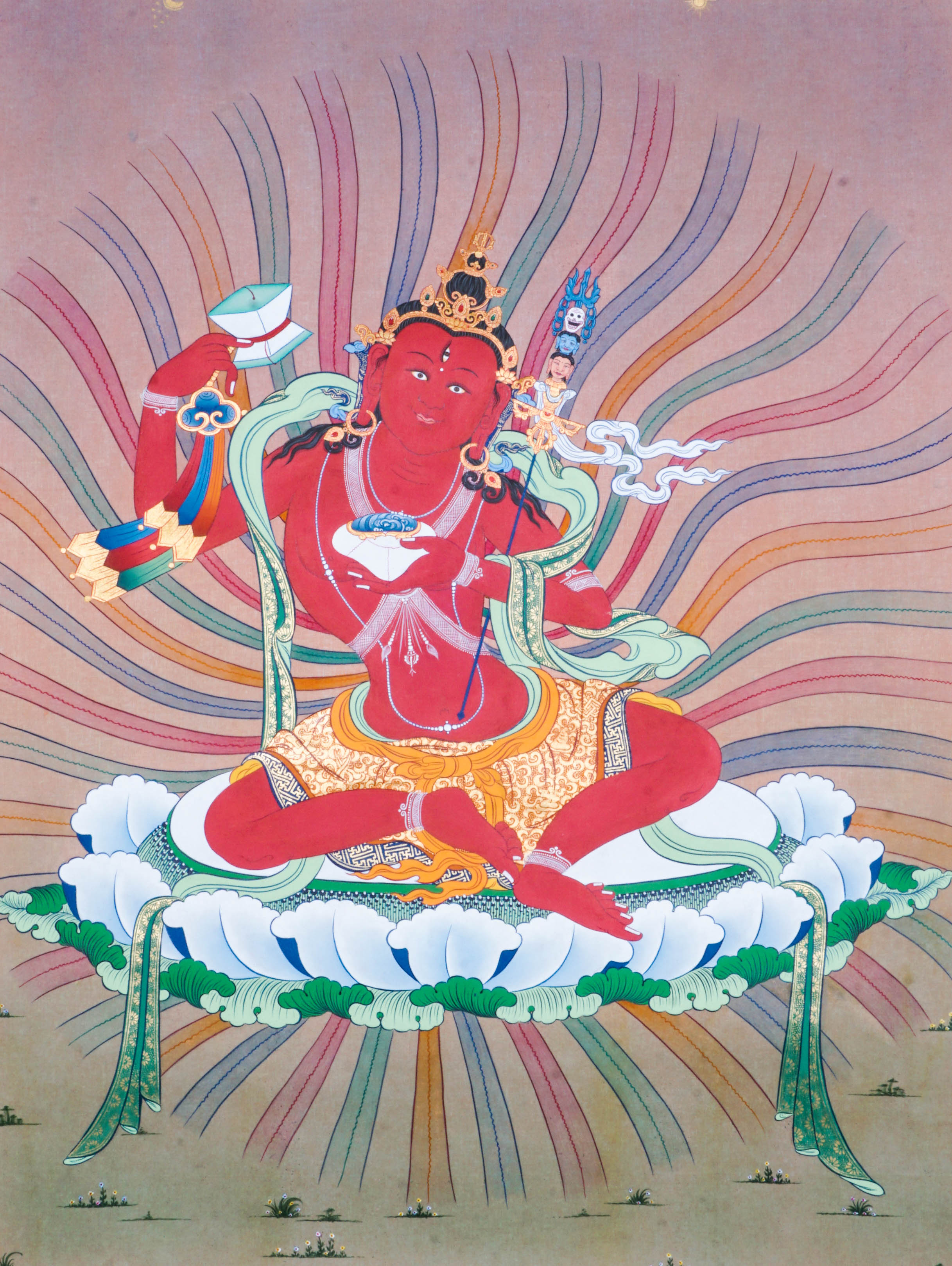 Hand-painted Guru Padmasambhava thangka artwork featuring traditional Tibetan Buddhist iconography, red deity figure, lotus seat, and detailed ceremonial elements.