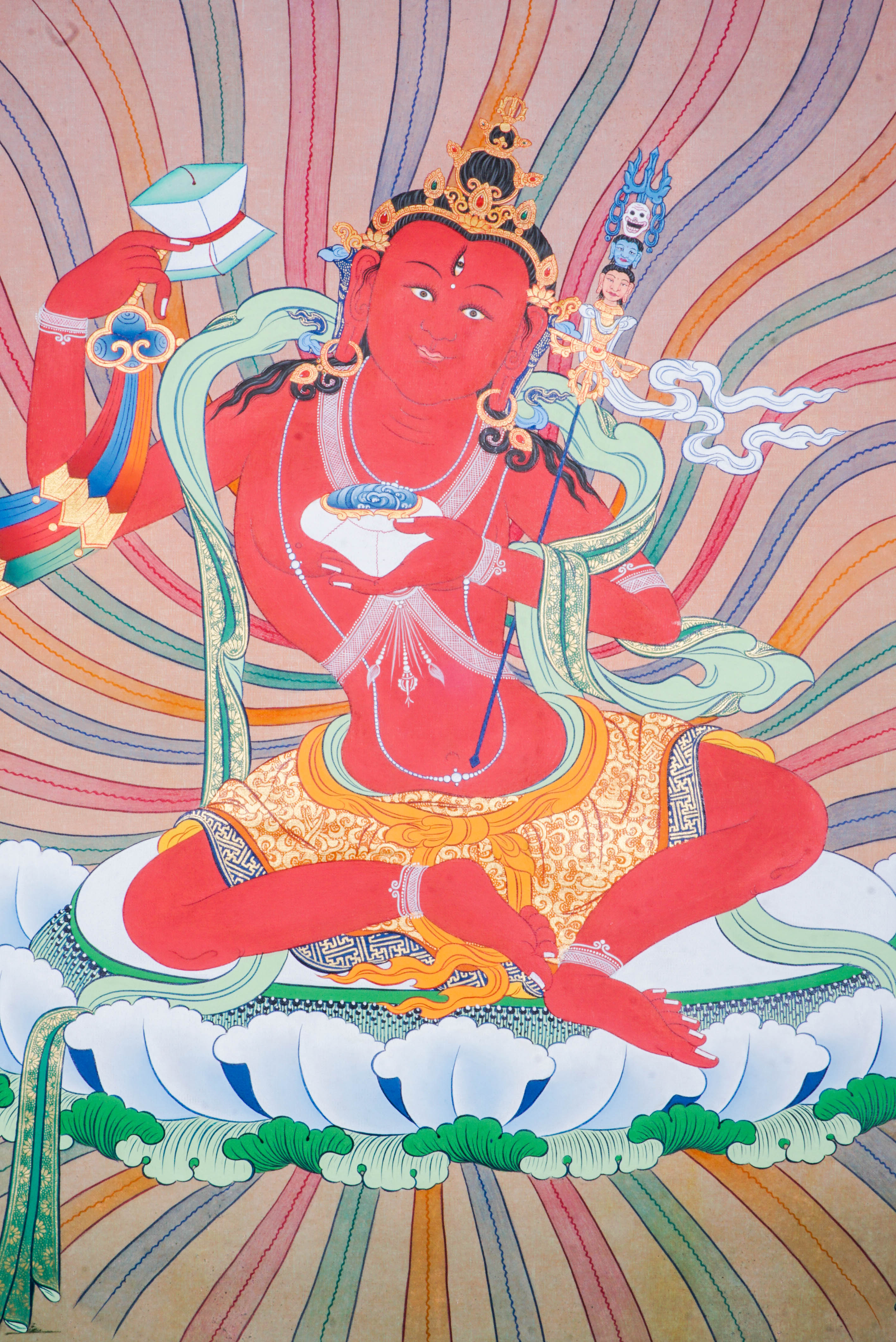 Hand-painted Guru Padmasambhava thangka artwork featuring traditional Tibetan Buddhist iconography, red deity figure, lotus seat, and detailed ceremonial elements.