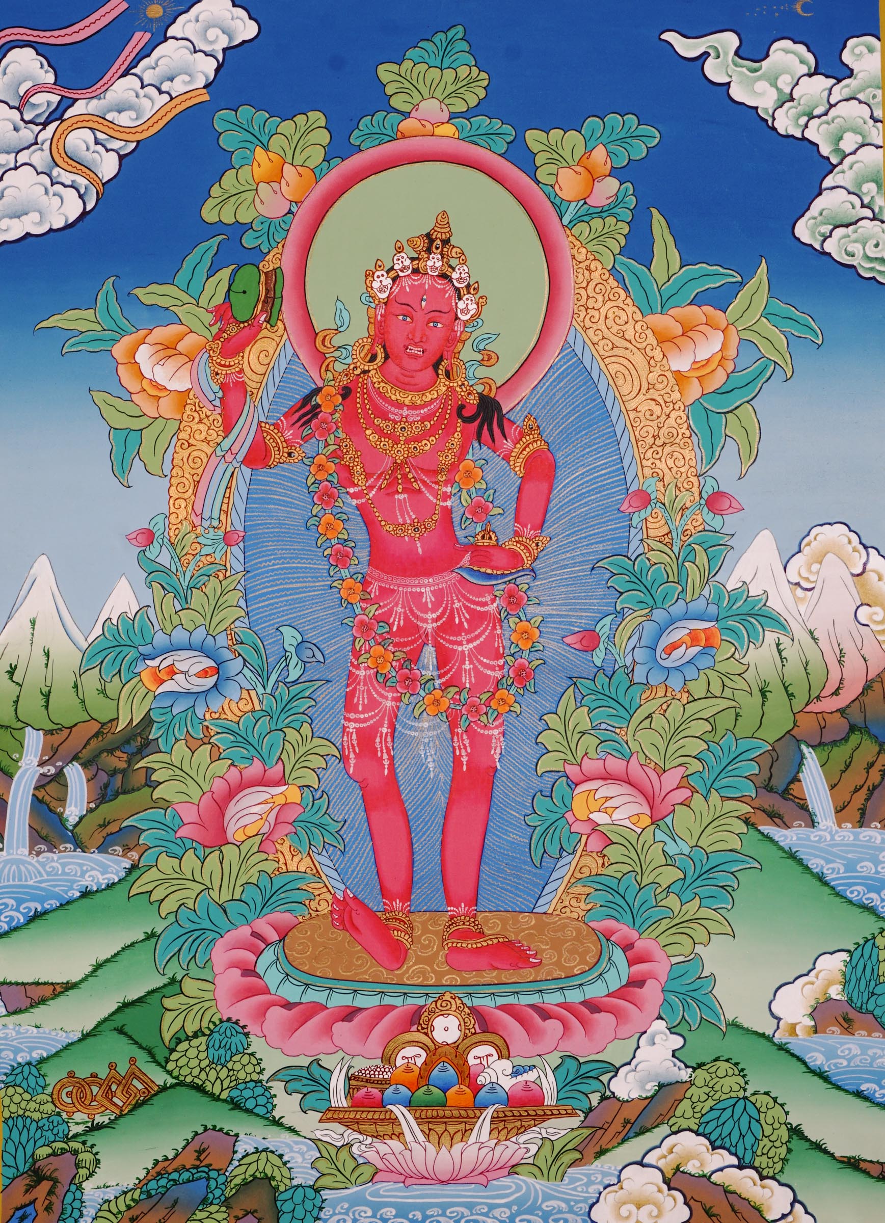 Hand painted Red Thoba thangka from Kathmandu Nepal showing the wrathful protector standing on a lotus throne with fiery motifs and gold details, traditional Tibetan thangka art.