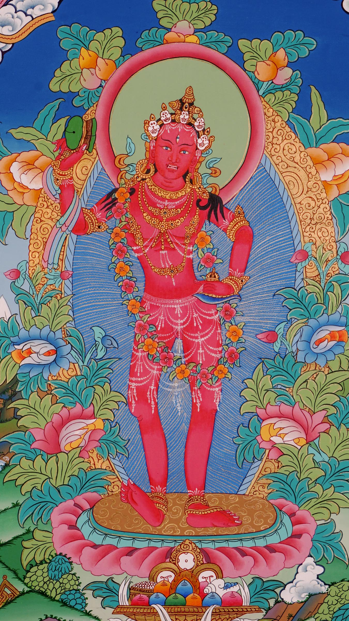 Hand painted Red Thoba thangka from Kathmandu Nepal showing the wrathful protector standing on a lotus throne with fiery motifs and gold details, traditional Tibetan thangka art.