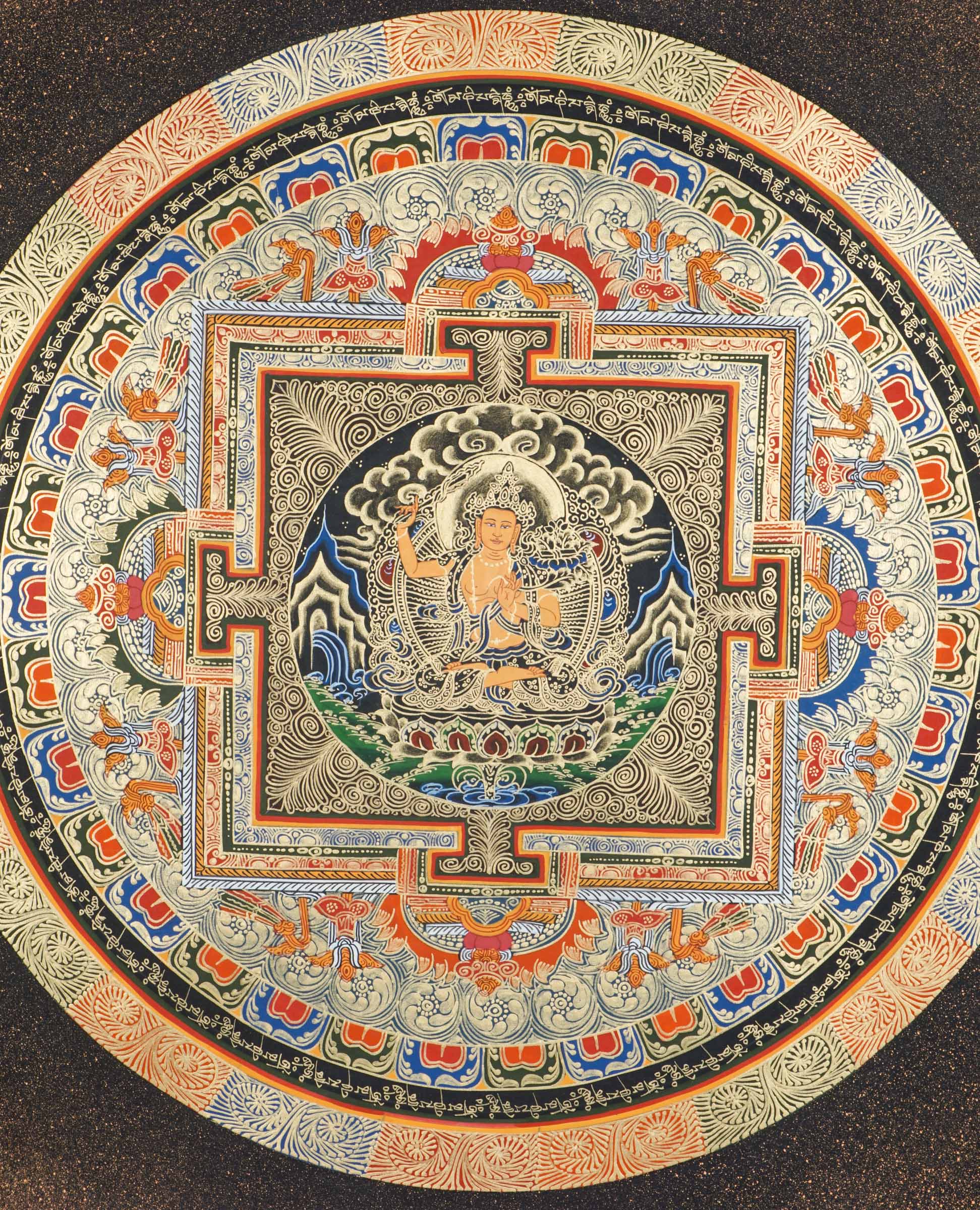 A beautifully hand-painted artwork of mandala mandala using 24k gold and natural pigments showcasing Manjushree in the center.