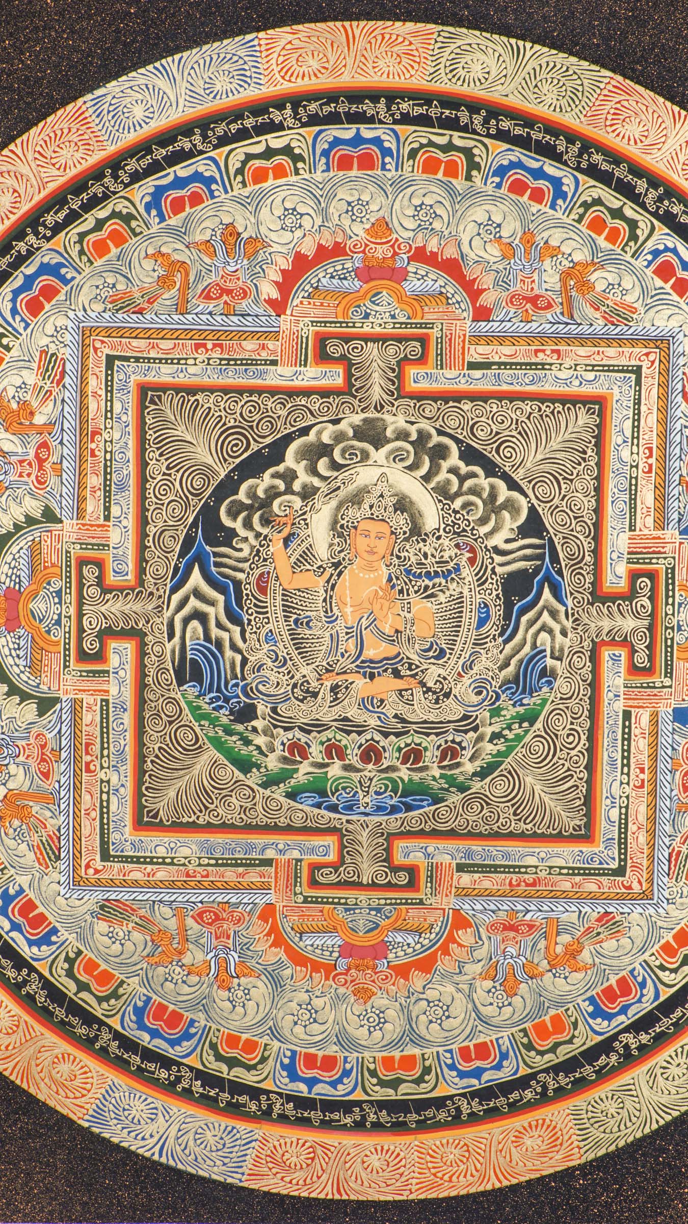 A beautifully hand-painted artwork of mandala mandala using 24k gold and natural pigments showcasing Manjushree in the center.