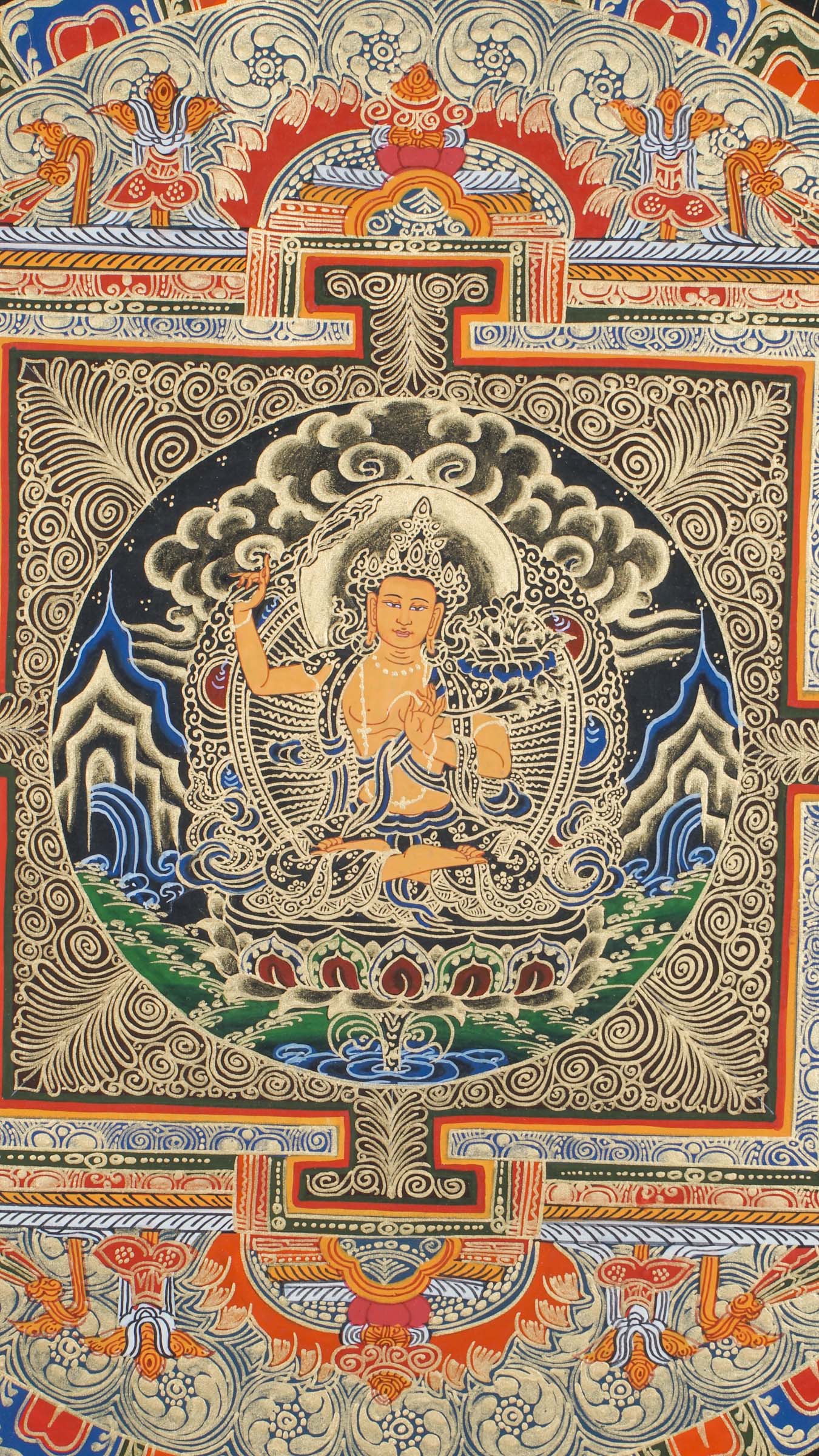 A beautifully hand-painted artwork of mandala mandala using 24k gold and natural pigments showcasing Manjushree in the center.