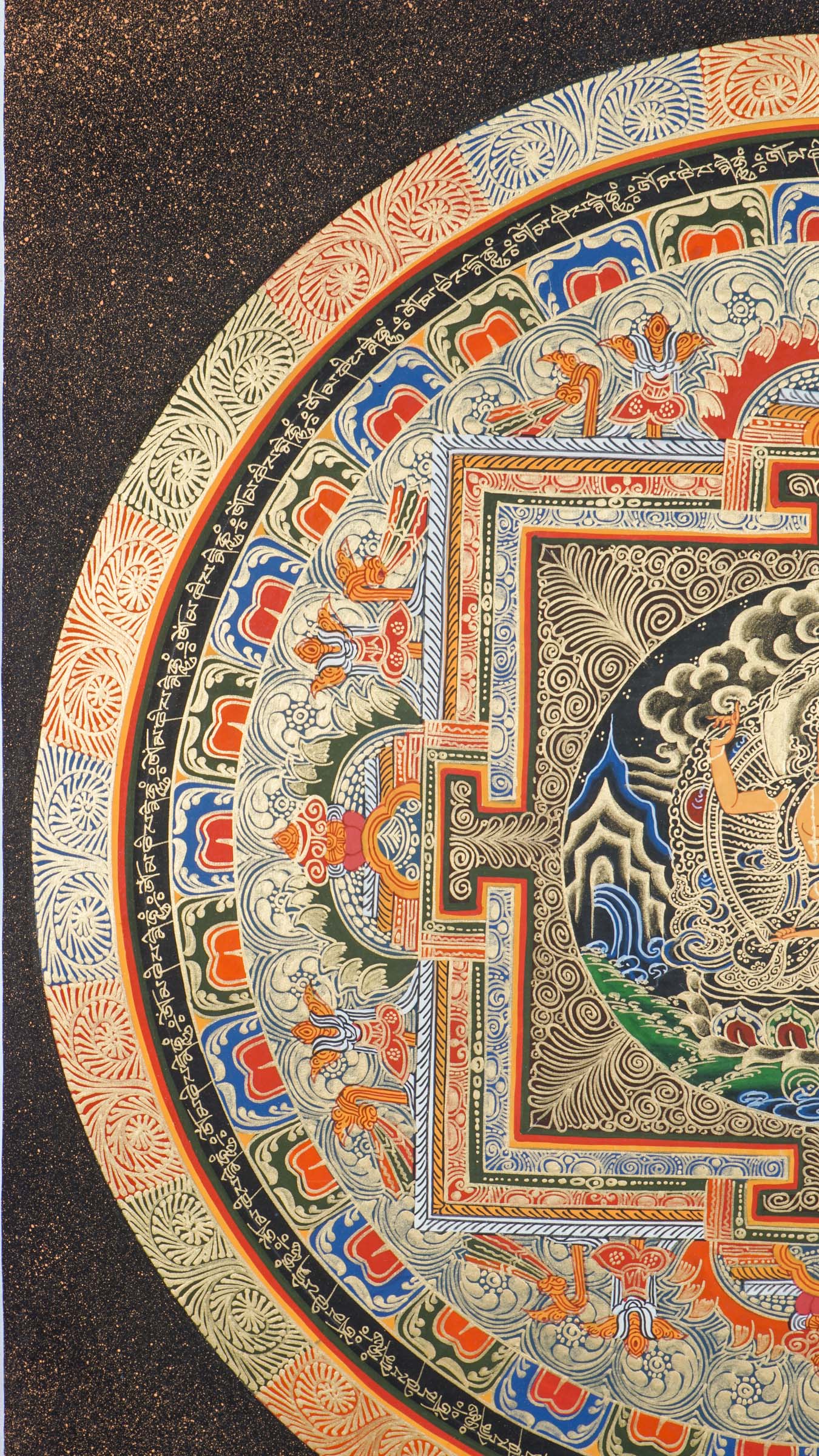 A beautifully hand-painted artwork of mandala mandala using 24k gold and natural pigments showcasing Manjushree in the center.