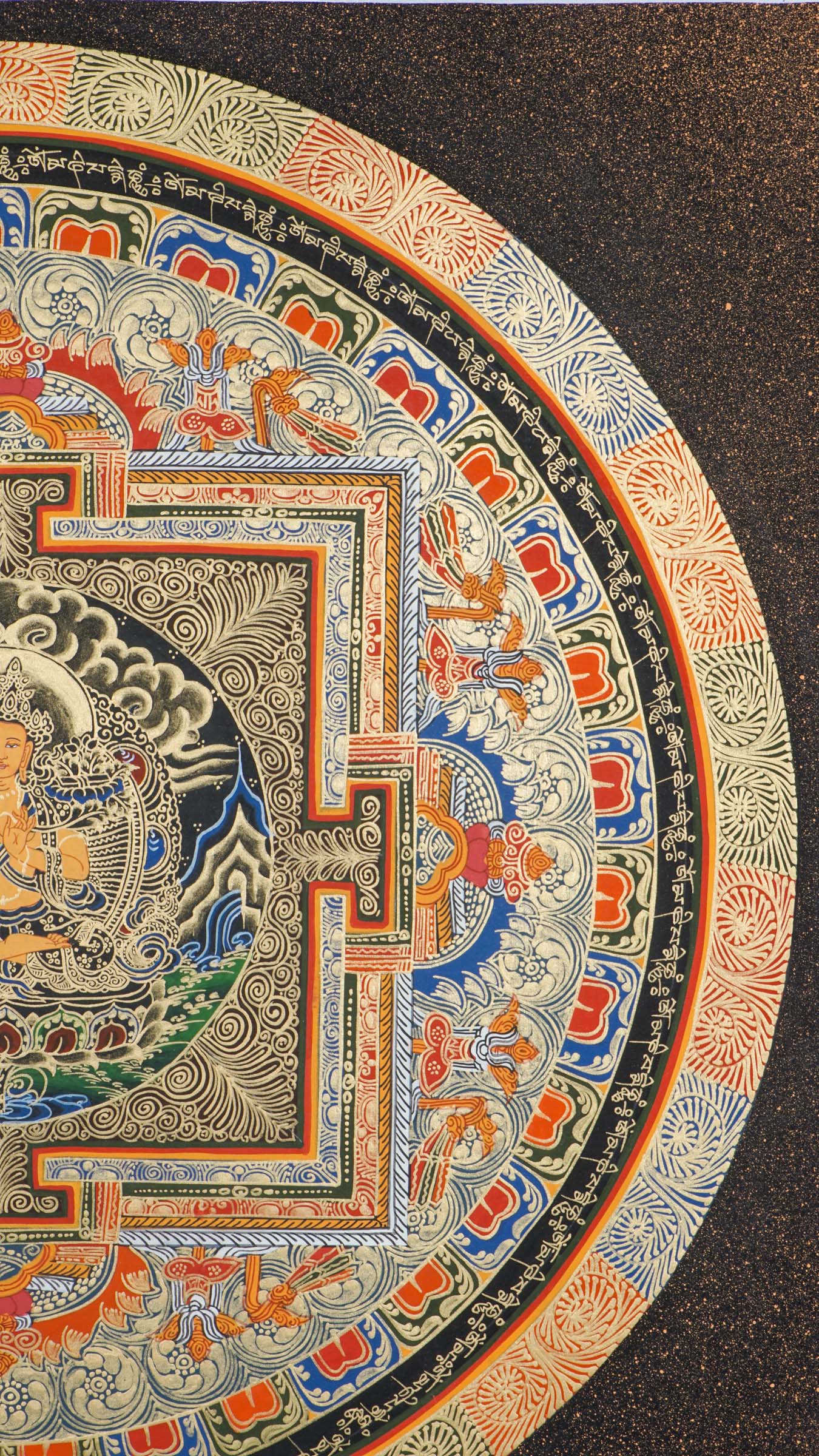 A beautifully hand-painted artwork of mandala mandala using 24k gold and natural pigments showcasing Manjushree in the center.