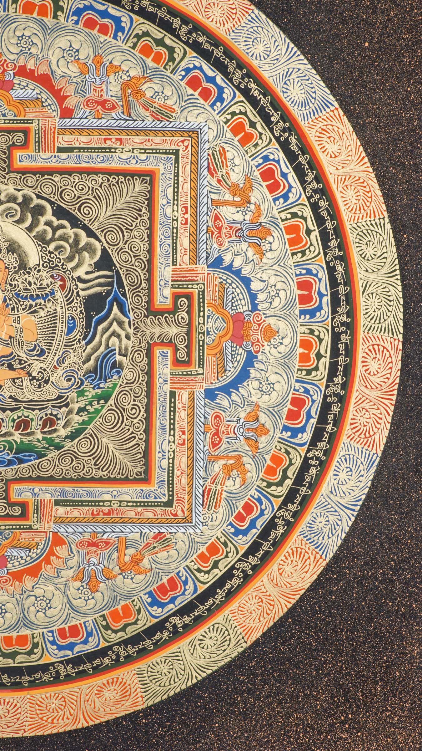 A beautifully hand-painted artwork of mandala mandala using 24k gold and natural pigments showcasing Manjushree in the center.