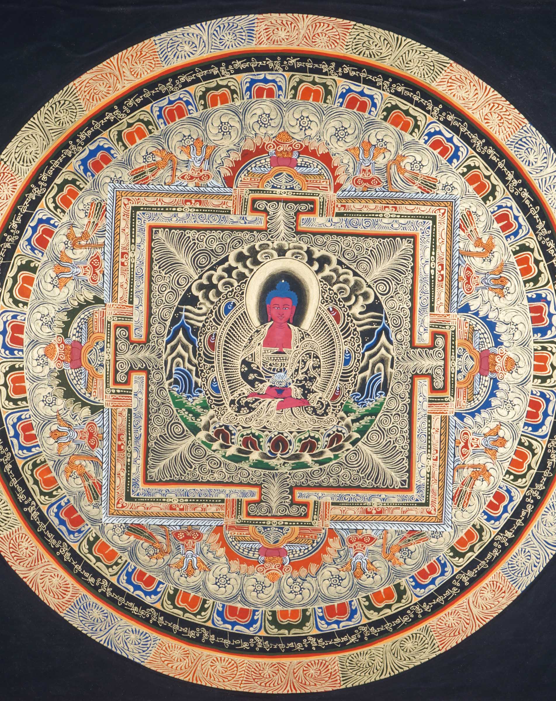 A Round Mandala with Amitabha buddha - a sacred geometric design central to Buddhist tradition, symbolizing the universe.