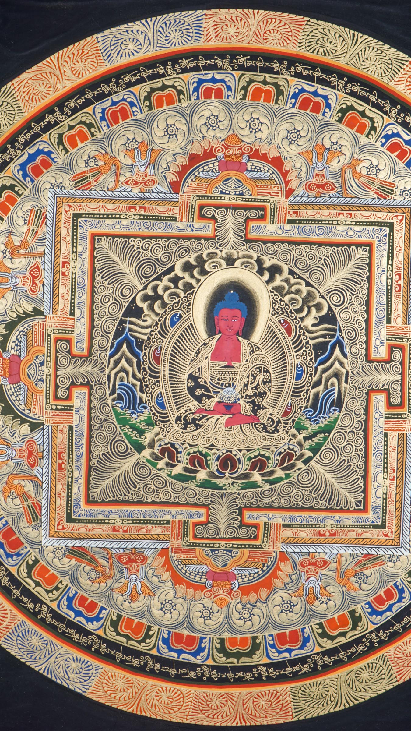 A Round Mandala with Amitabha buddha - a sacred geometric design central to Buddhist tradition, symbolizing the universe.