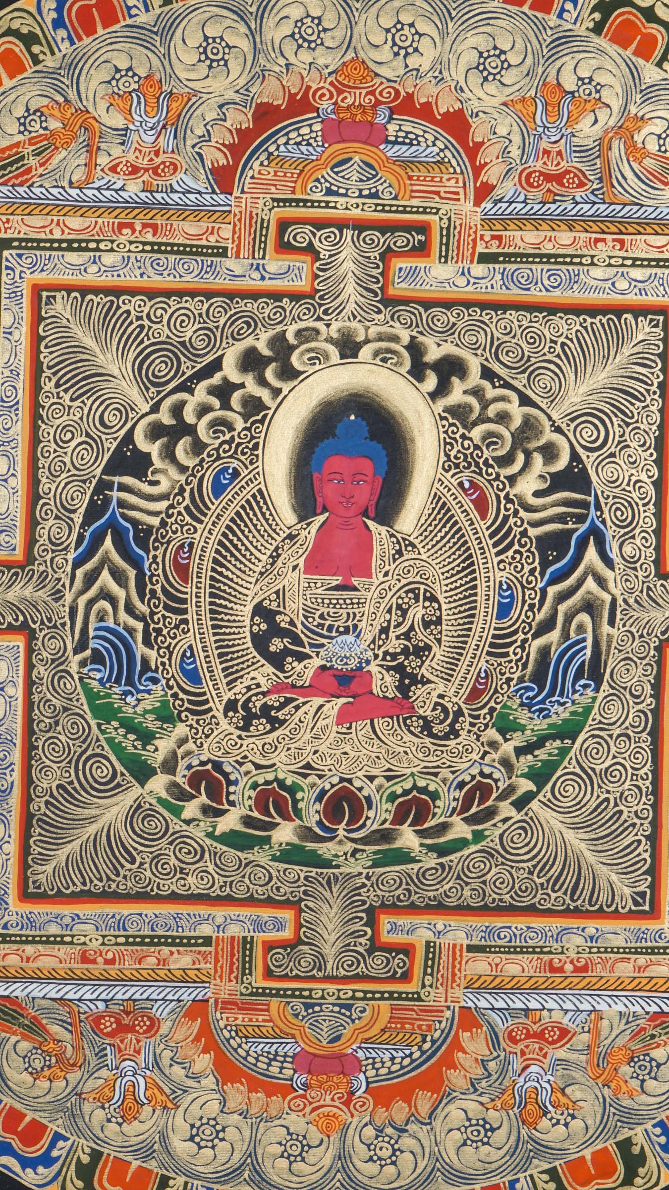 A Round Mandala with Amitabha buddha - a sacred geometric design central to Buddhist tradition, symbolizing the universe.