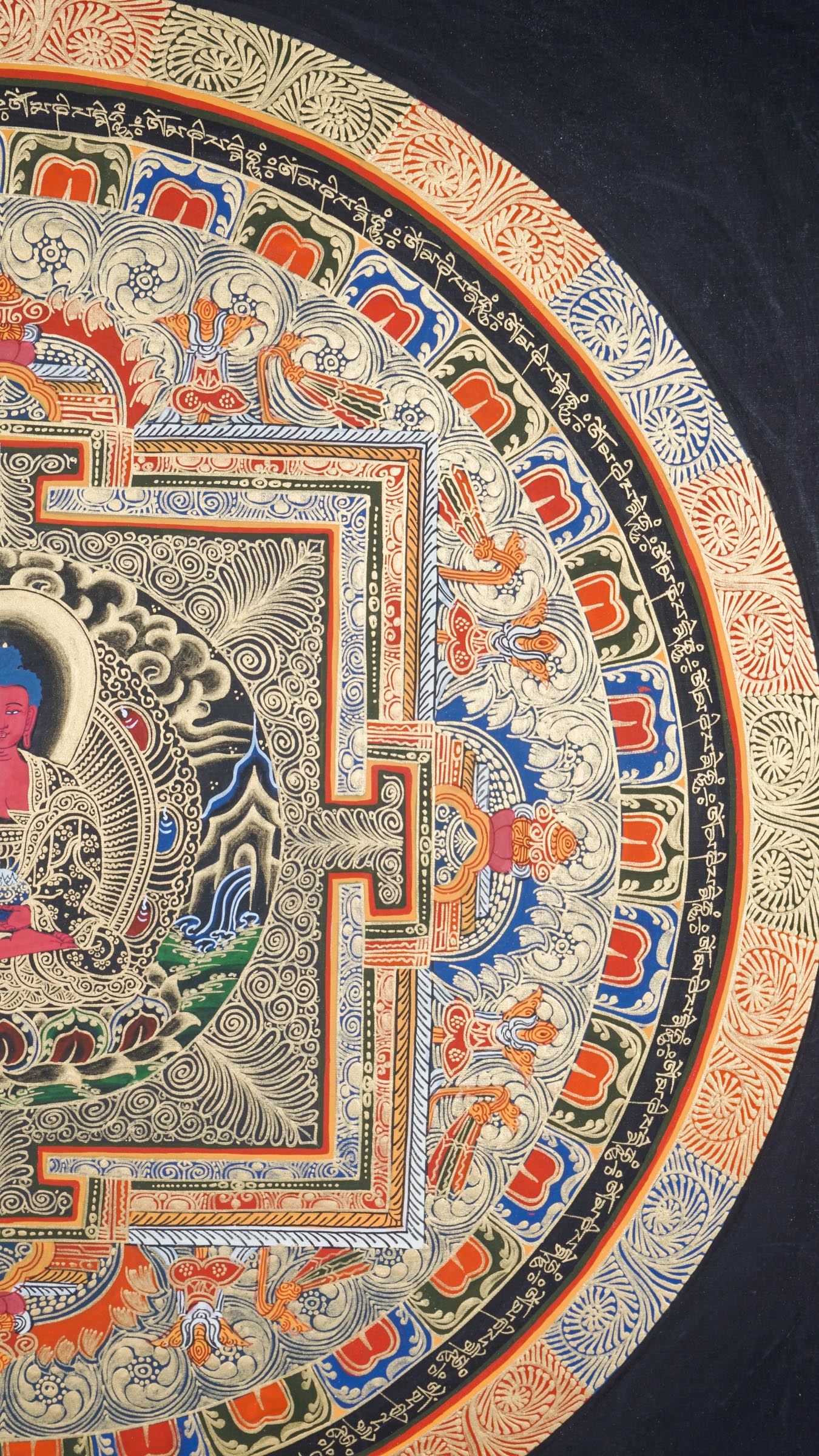 A Round Mandala with Amitabha buddha - a sacred geometric design central to Buddhist tradition, symbolizing the universe.