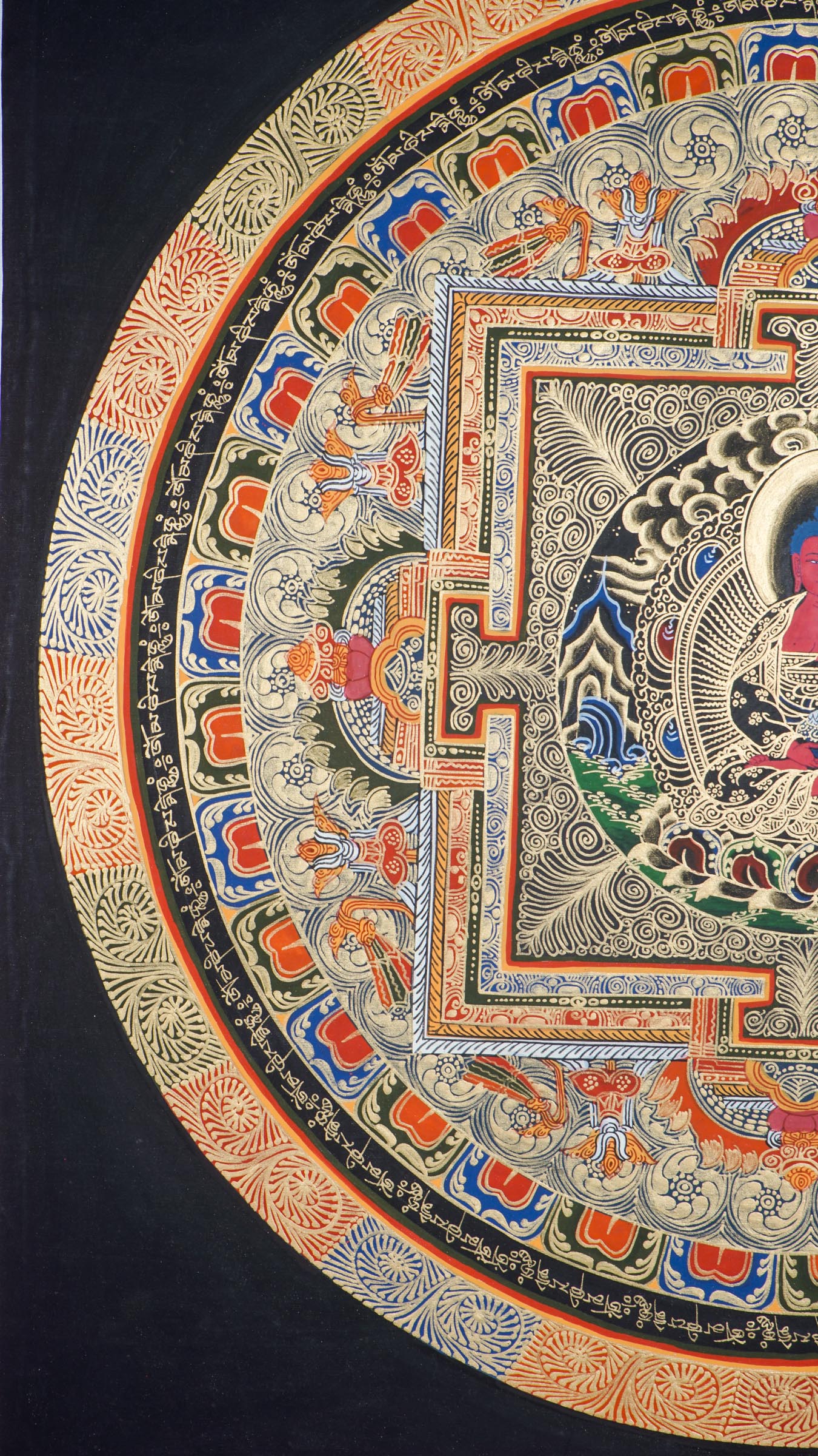 A Round Mandala with Amitabha buddha - a sacred geometric design central to Buddhist tradition, symbolizing the universe.