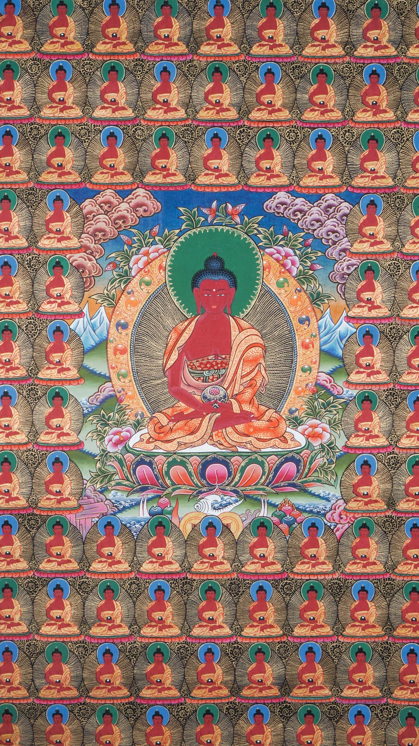 Hand-painted Tibetan Thangka depicting the 108 Buddhas mandala, with a central seated Buddha surrounded by repeated Buddha figures, symbolizing compassion, wisdom, and enlightenment in Mahayana and Vajrayana Buddhism.