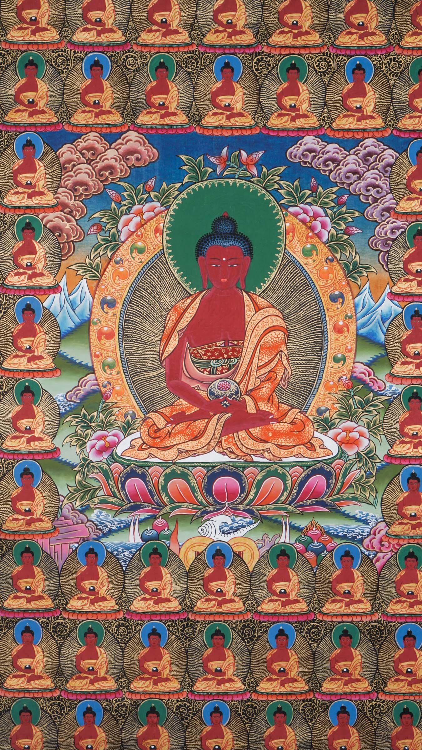Hand-painted Tibetan Thangka depicting the 108 Buddhas mandala, with a central seated Buddha surrounded by repeated Buddha figures, symbolizing compassion, wisdom, and enlightenment in Mahayana and Vajrayana Buddhism.