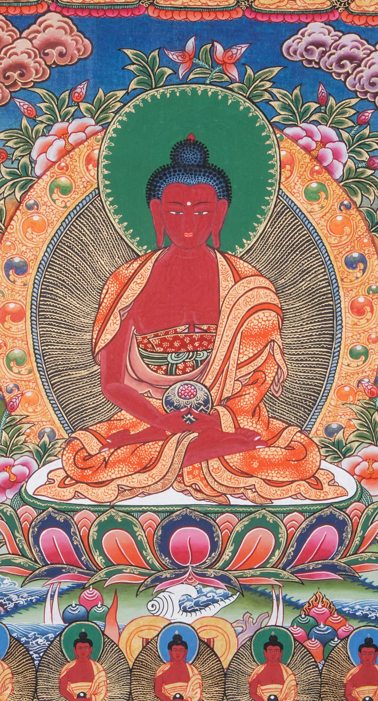 Hand-painted Tibetan Thangka depicting the 108 Buddhas mandala, with a central seated Buddha surrounded by repeated Buddha figures, symbolizing compassion, wisdom, and enlightenment in Mahayana and Vajrayana Buddhism.