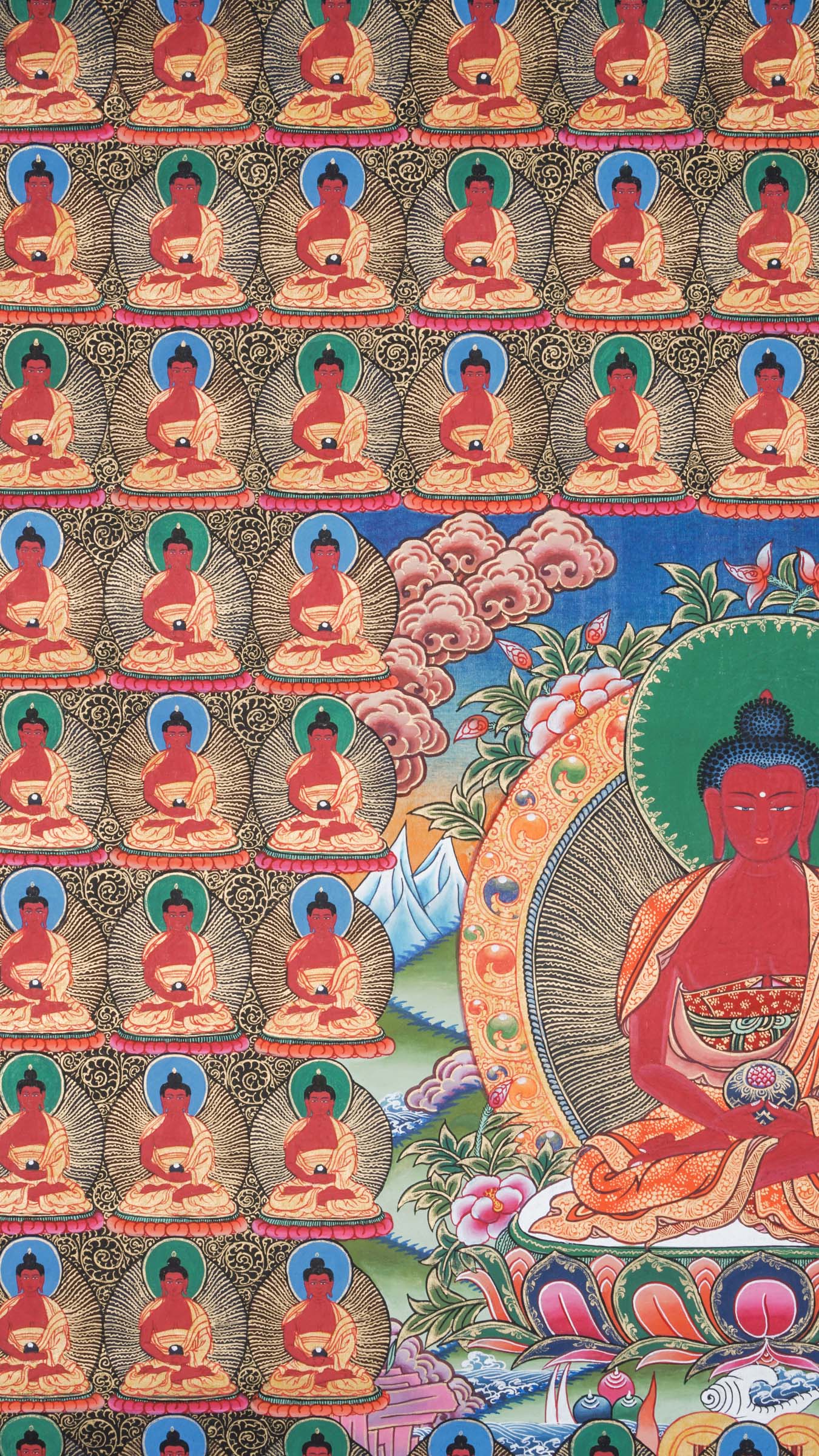 Hand-painted Tibetan Thangka depicting the 108 Buddhas mandala, with a central seated Buddha surrounded by repeated Buddha figures, symbolizing compassion, wisdom, and enlightenment in Mahayana and Vajrayana Buddhism.