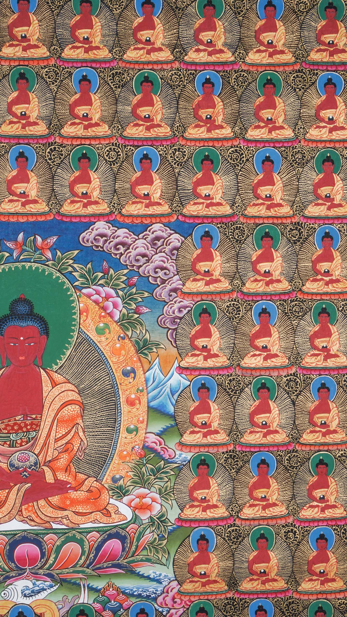 Hand-painted Tibetan Thangka depicting the 108 Buddhas mandala, with a central seated Buddha surrounded by repeated Buddha figures, symbolizing compassion, wisdom, and enlightenment in Mahayana and Vajrayana Buddhism.