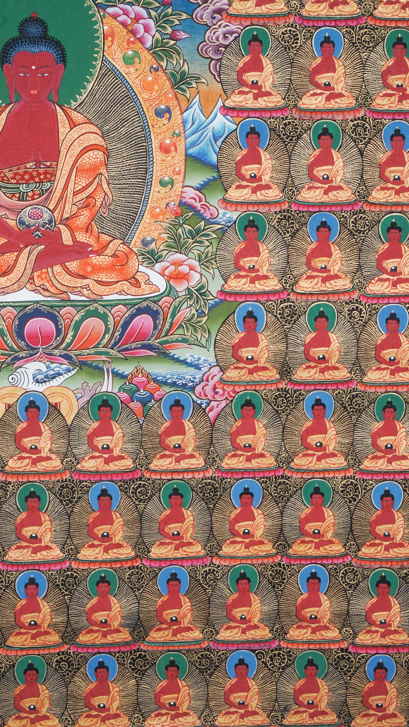 Hand-painted Tibetan Thangka depicting the 108 Buddhas mandala, with a central seated Buddha surrounded by repeated Buddha figures, symbolizing compassion, wisdom, and enlightenment in Mahayana and Vajrayana Buddhism.
