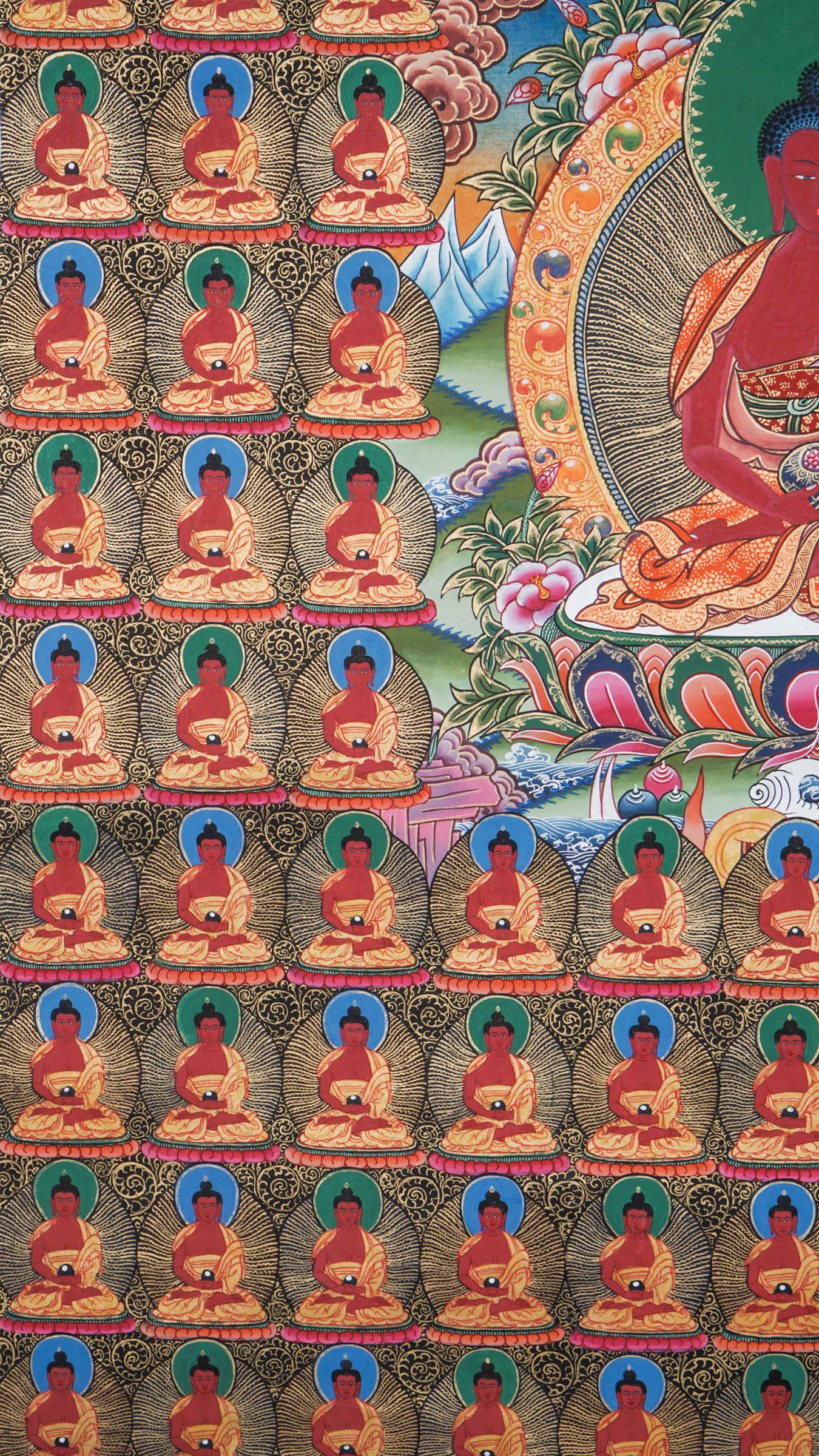 Hand-painted Tibetan Thangka depicting the 108 Buddhas mandala, with a central seated Buddha surrounded by repeated Buddha figures, symbolizing compassion, wisdom, and enlightenment in Mahayana and Vajrayana Buddhism.