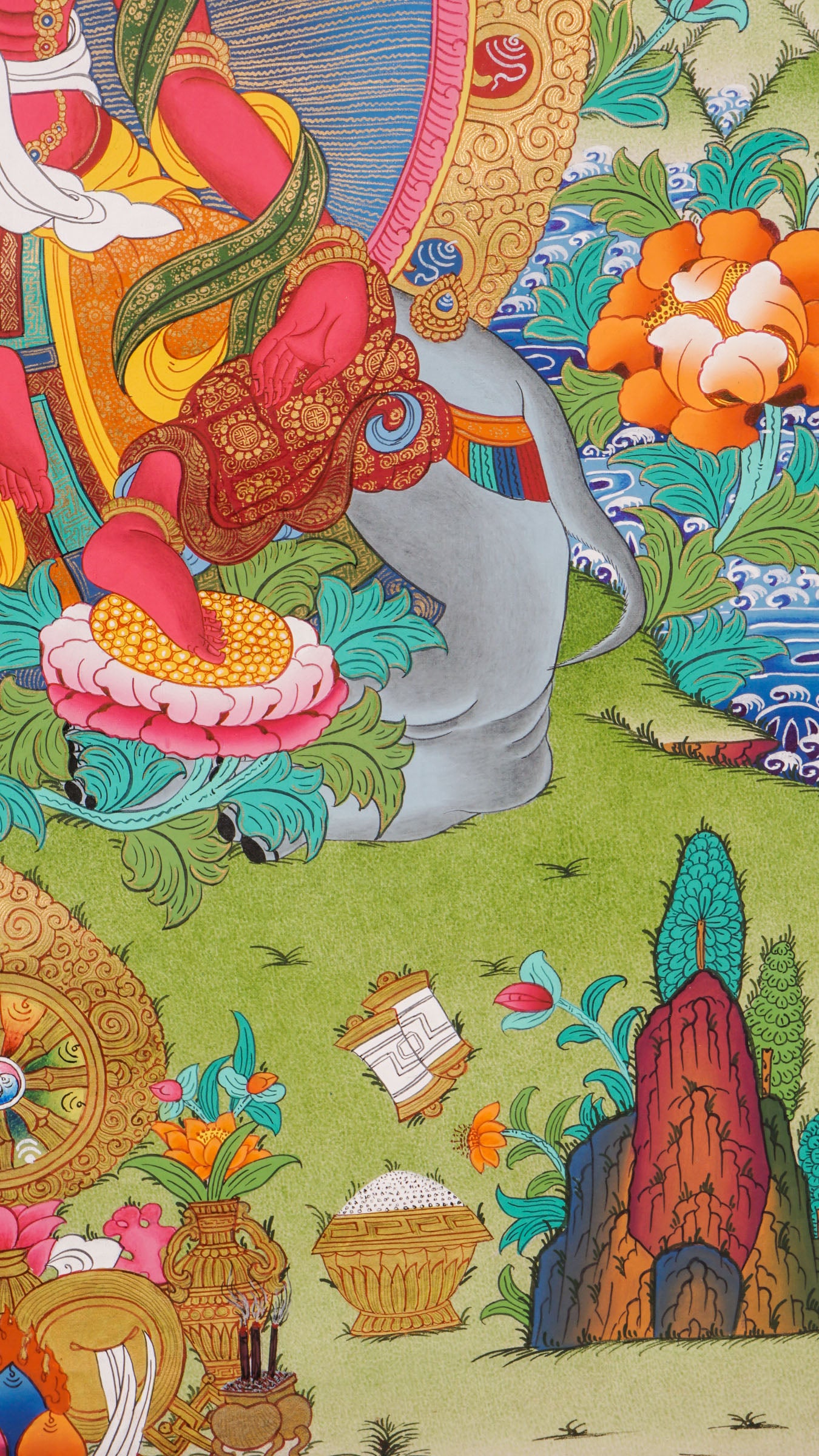 Hand-painted Fusen Fusa thangka showing Bodhisattva seated on elephant with lotus throne, detailed 24k gold ornaments and vibrant floral background.