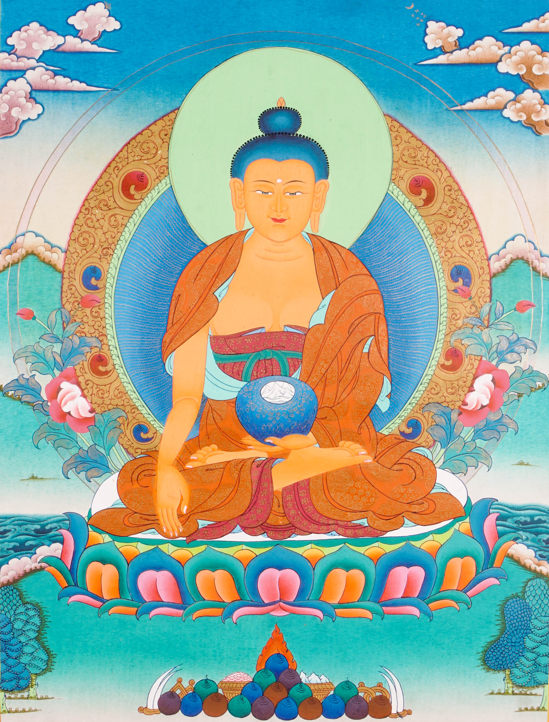 Traditional Tibetan thangka painting depicting Shakyamuni Buddha seated in meditation on a lotus throne, holding an alms bowl, with a radiant halo, clouds, and floral motifs against a serene blue background.