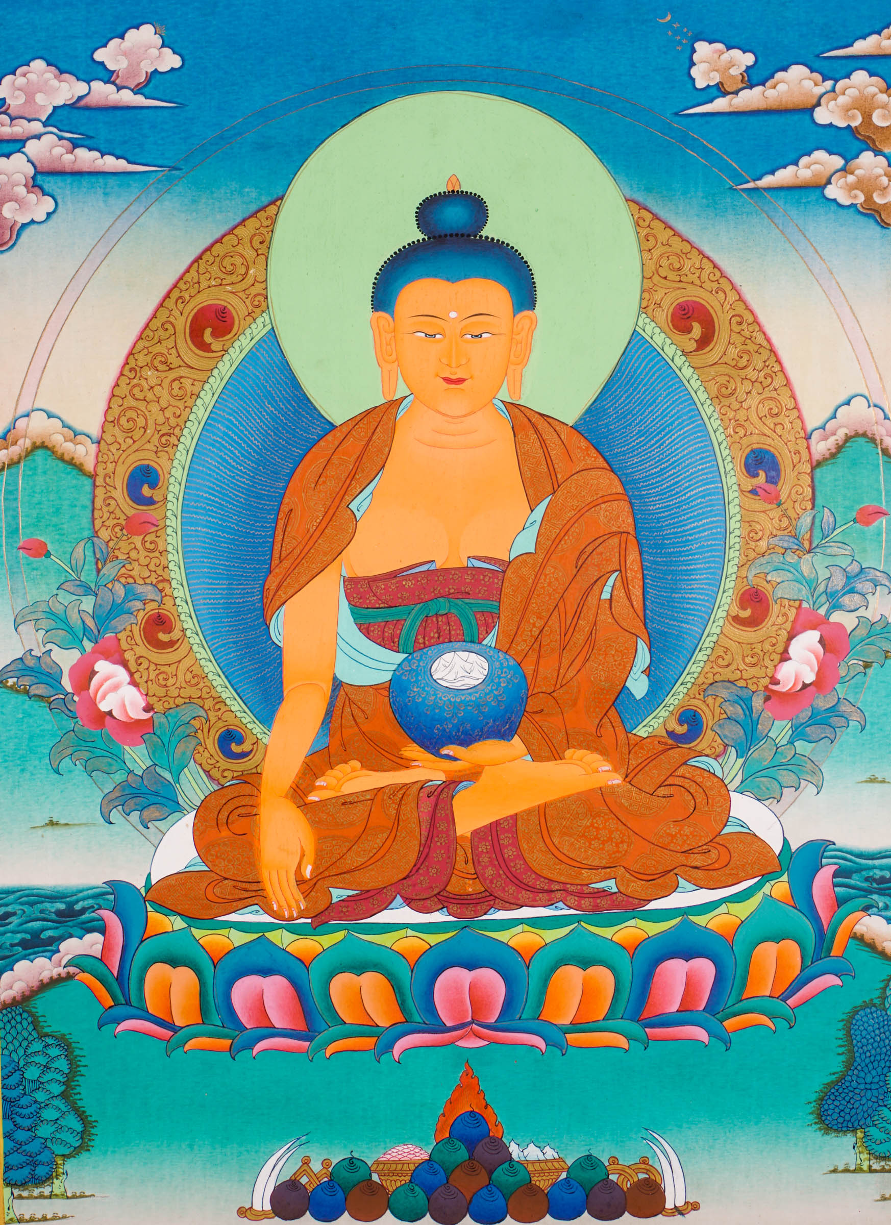 Traditional Tibetan thangka painting depicting Shakyamuni Buddha seated in meditation on a lotus throne, holding an alms bowl, with a radiant halo, clouds, and floral motifs against a serene blue background.