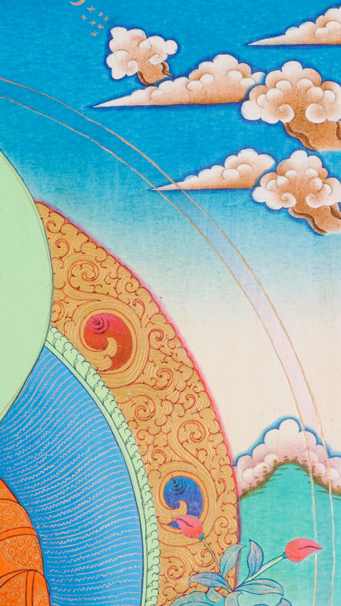 Traditional Tibetan thangka painting depicting Shakyamuni Buddha seated in meditation on a lotus throne, holding an alms bowl, with a radiant halo, clouds, and floral motifs against a serene blue background.