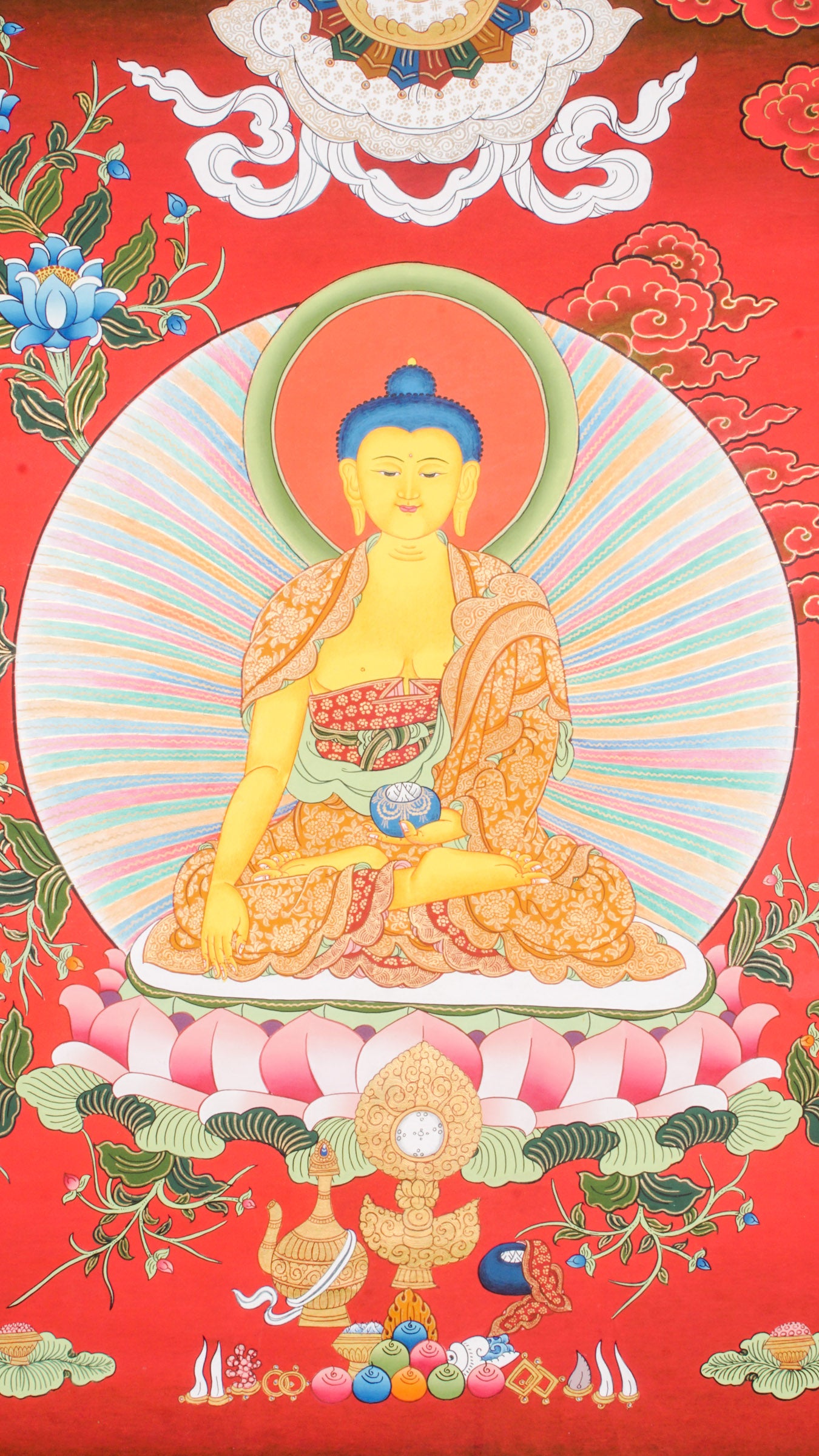 Shakyamuni Buddha Thangka - Shakyamuni Buddha seated peacefully on a lotus throne decorated with intricate floral designs, hand-painted using 24k gold and natural pigments.
