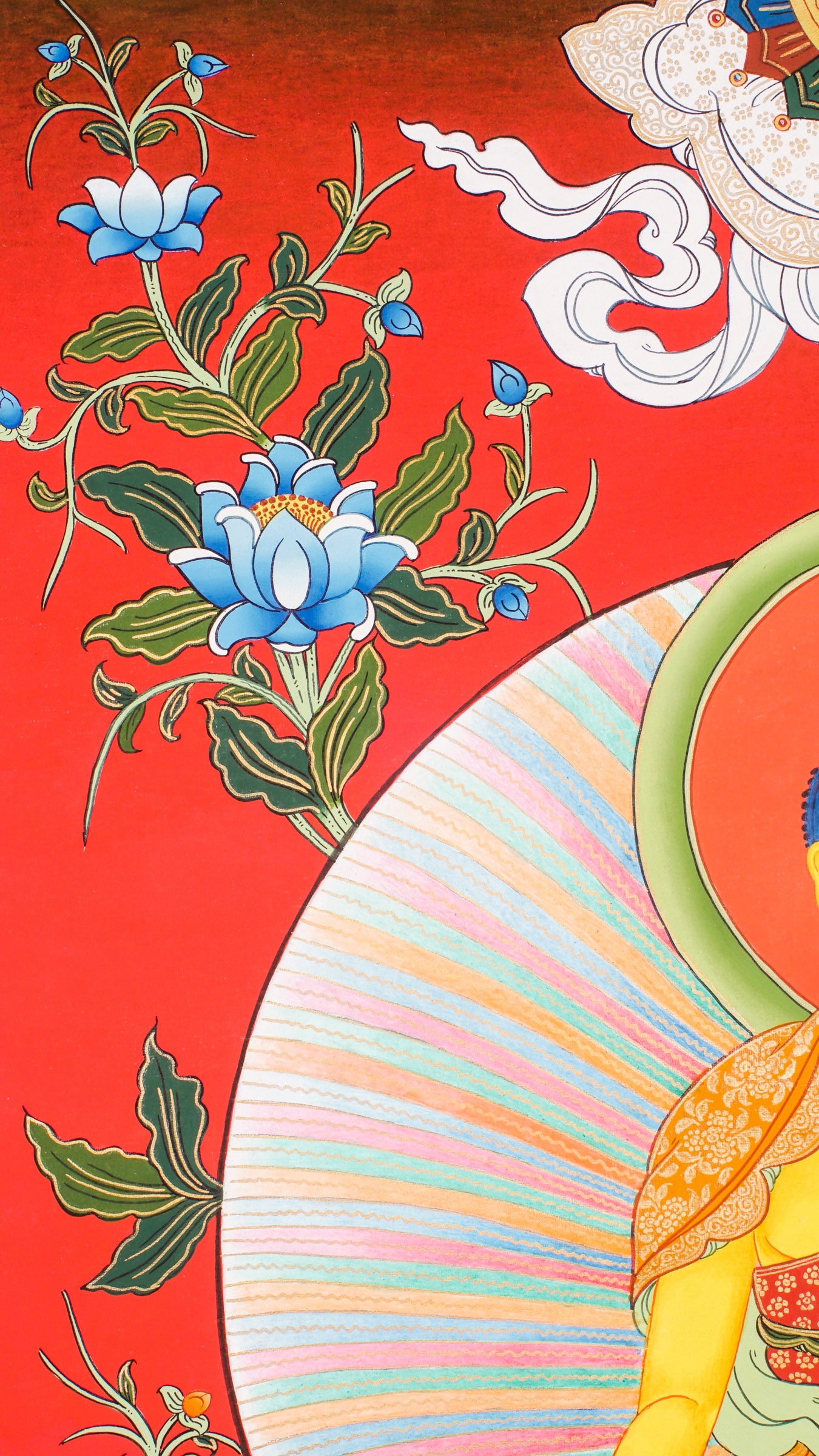 Shakyamuni Buddha Thangka - Shakyamuni Buddha seated peacefully on a lotus throne decorated with intricate floral designs, hand-painted using 24k gold and natural pigments.