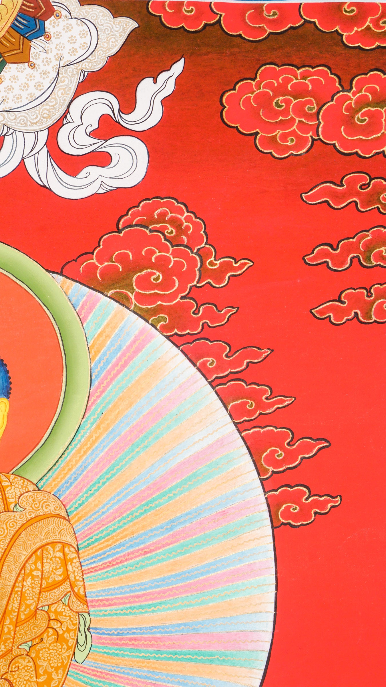 Shakyamuni Buddha Thangka - Shakyamuni Buddha seated peacefully on a lotus throne decorated with intricate floral designs, hand-painted using 24k gold and natural pigments.