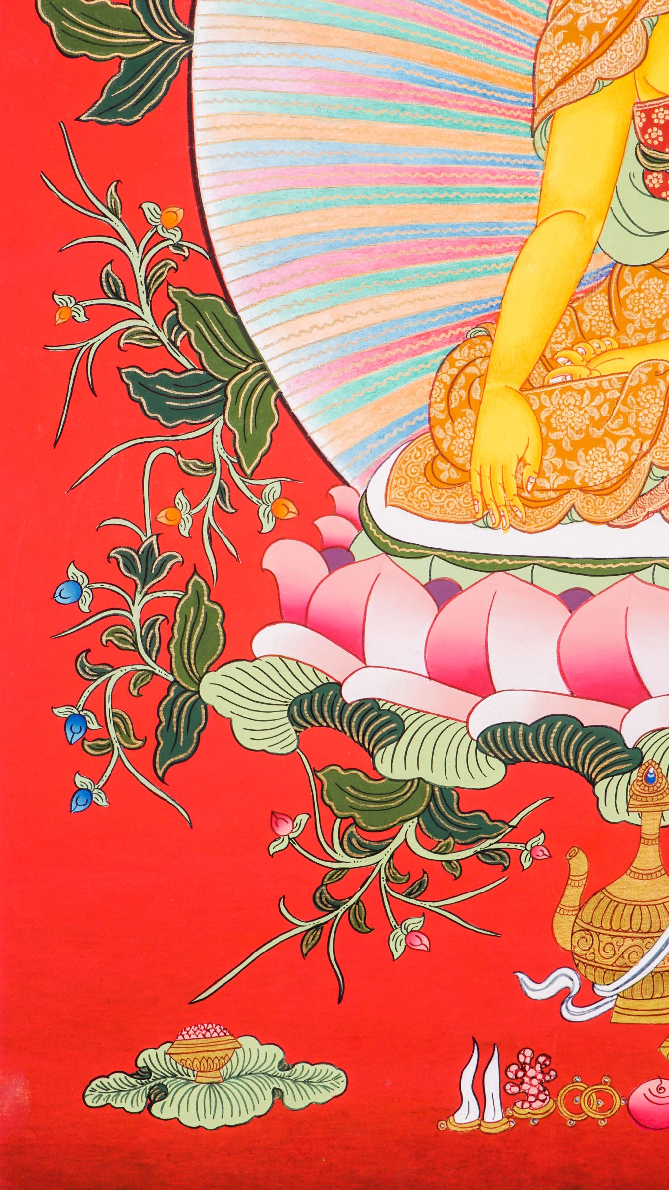 Shakyamuni Buddha Thangka - Shakyamuni Buddha seated peacefully on a lotus throne decorated with intricate floral designs, hand-painted using 24k gold and natural pigments.