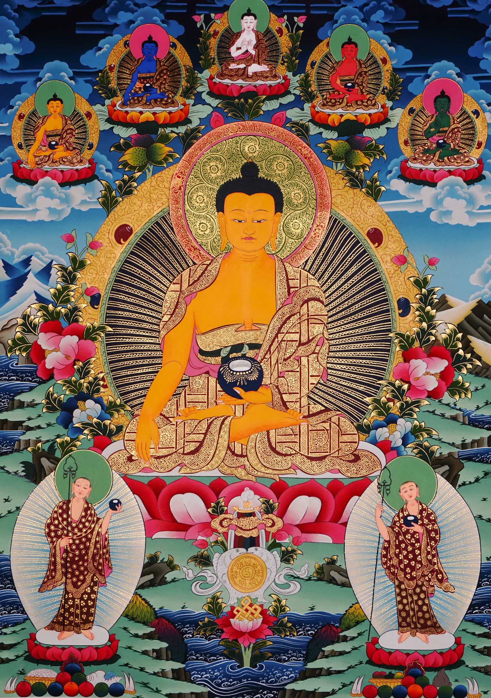 Hand-painted Shakyamuni Buddha thangka from Kathmandu, Nepal, seated on a lotus throne in vajra asana with halo, holding a begging bowl, right hand in Bhumisparsha Mudra, Five Dhyani Buddhas above, and two disciples below, adorned with 24k gold and traditional Tibetan motifs.