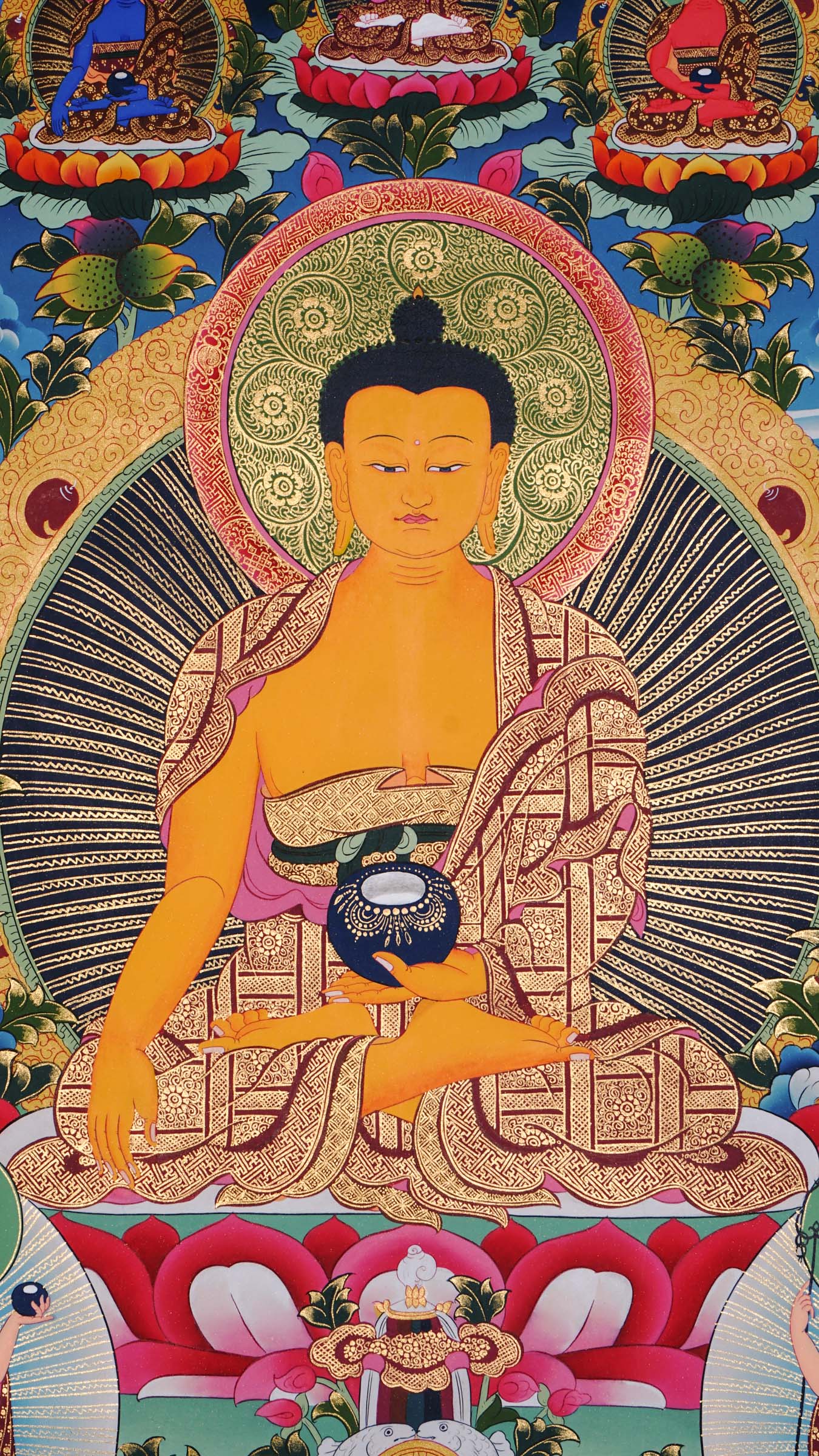 Hand-painted Shakyamuni Buddha thangka from Kathmandu, Nepal, seated on a lotus throne in vajra asana with halo, holding a begging bowl, right hand in Bhumisparsha Mudra, Five Dhyani Buddhas above, and two disciples below, adorned with 24k gold and traditional Tibetan motifs.