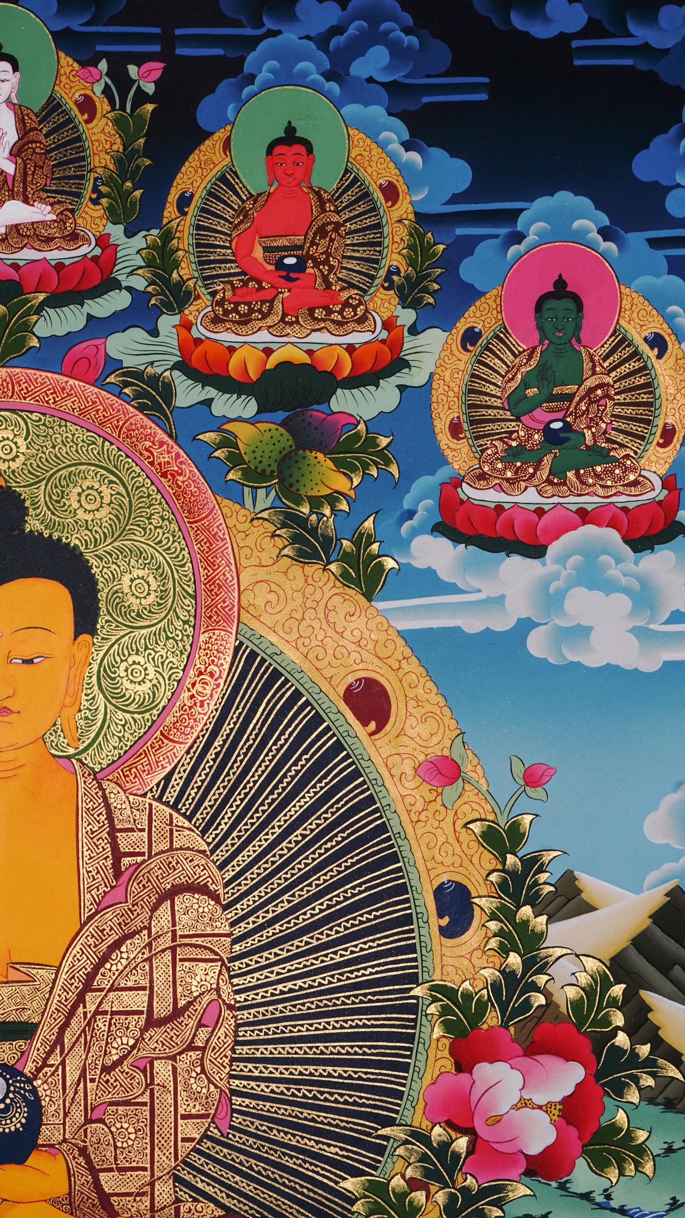 Hand-painted Shakyamuni Buddha thangka from Kathmandu, Nepal, seated on a lotus throne in vajra asana with halo, holding a begging bowl, right hand in Bhumisparsha Mudra, Five Dhyani Buddhas above, and two disciples below, adorned with 24k gold and traditional Tibetan motifs.
