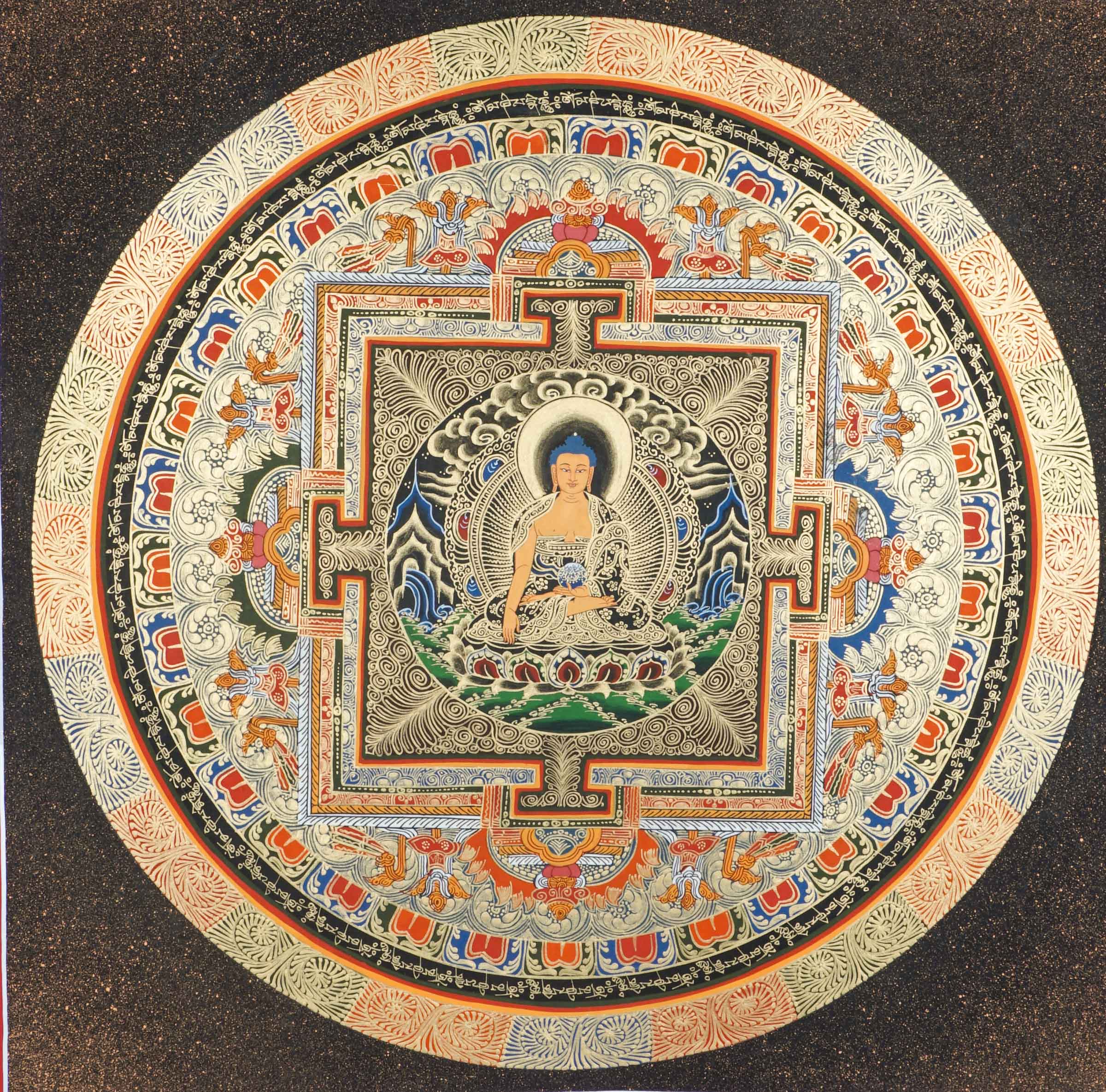 Shakyamuni Buddha Round Mandala Thangka - a sacred circle symbolizing the universe and a pure spiritual space.