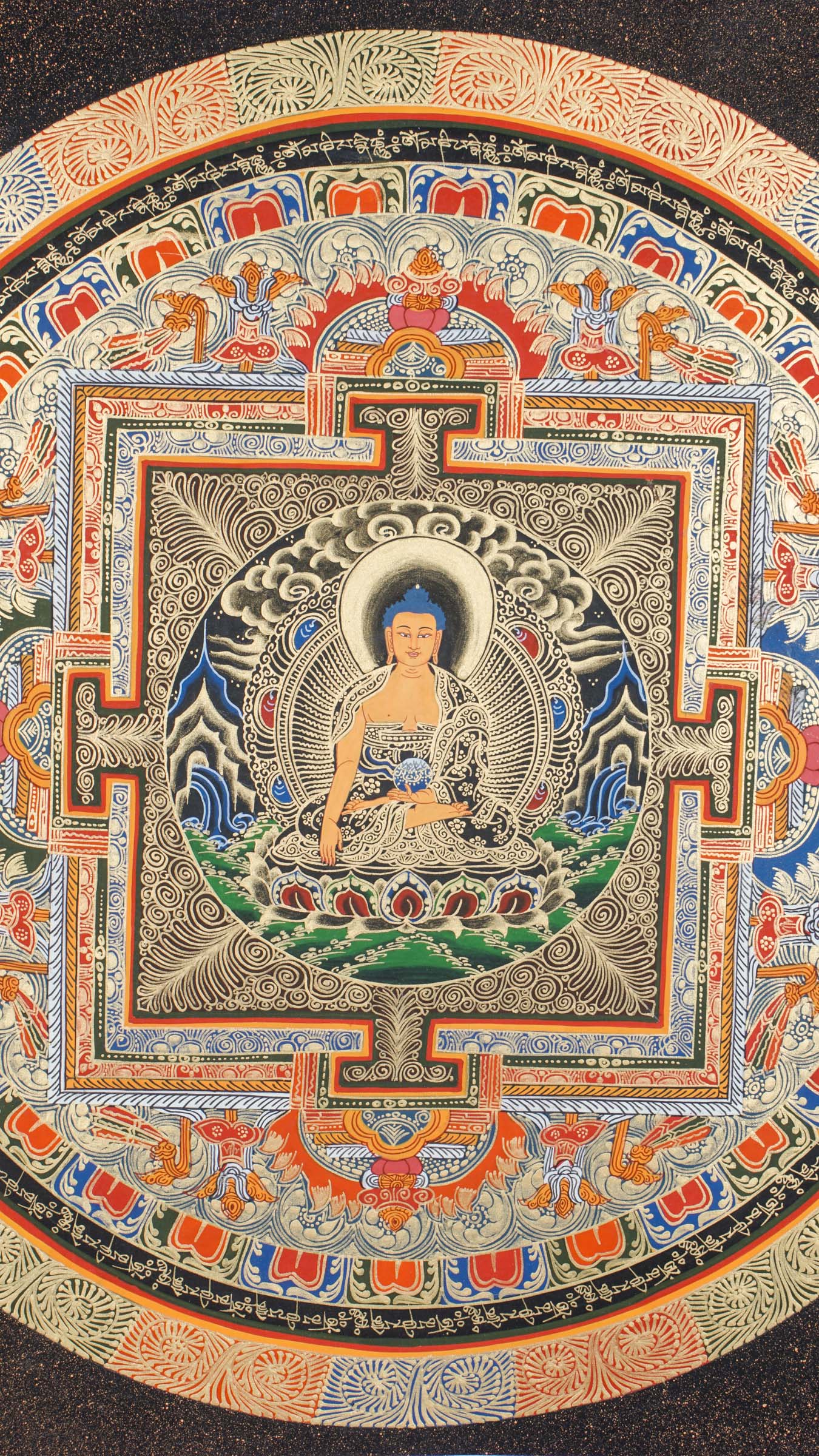 Shakyamuni Buddha Round Mandala Thangka - a sacred circle symbolizing the universe and a pure spiritual space.