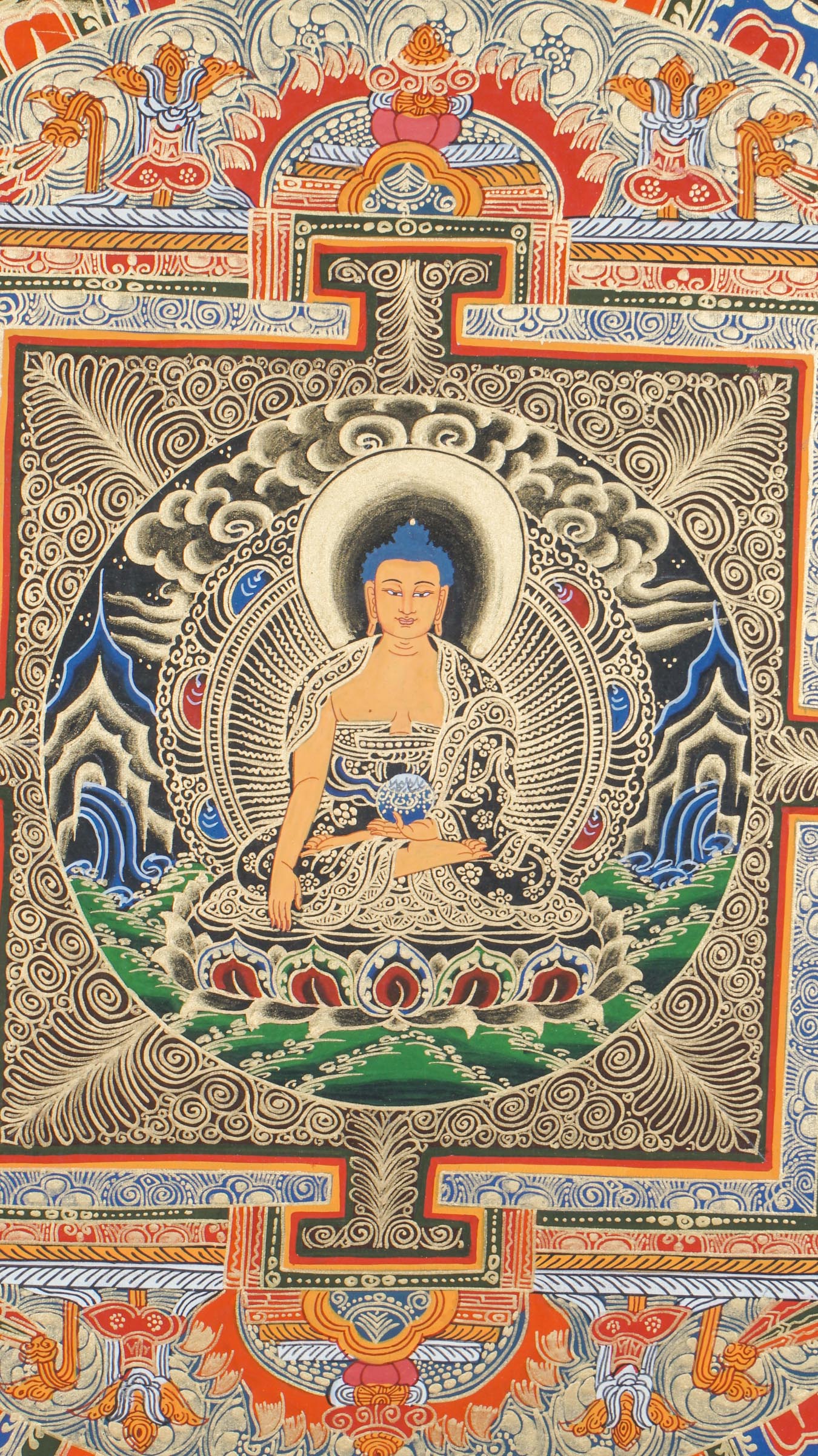 Shakyamuni Buddha Round Mandala Thangka - a sacred circle symbolizing the universe and a pure spiritual space.