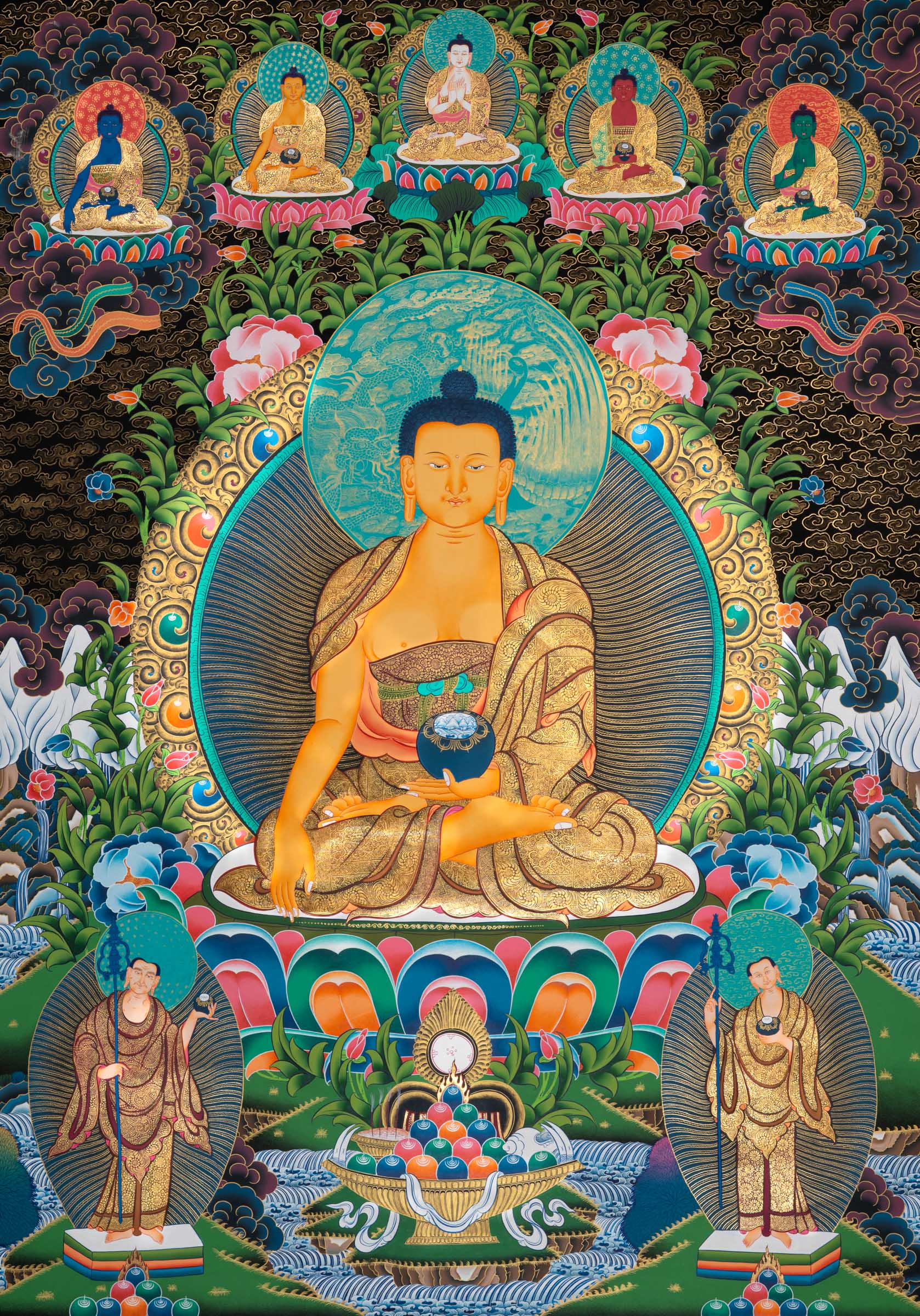Shakyamuni Buddha Thangka depicting the historical Buddha seated in meditation on a lotus throne, holding an alms bowl, surrounded by attendant figures and celestial Buddhas in traditional hand-painted Tibetan Buddhist art.