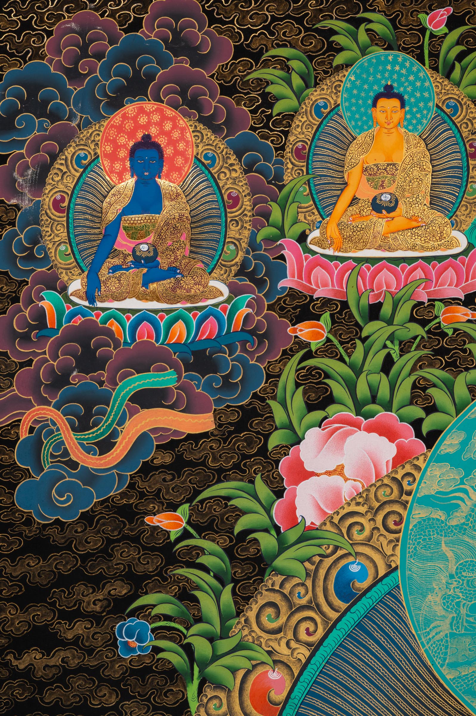 Shakyamuni Buddha Thangka depicting the historical Buddha seated in meditation on a lotus throne, holding an alms bowl, surrounded by attendant figures and celestial Buddhas in traditional hand-painted Tibetan Buddhist art.