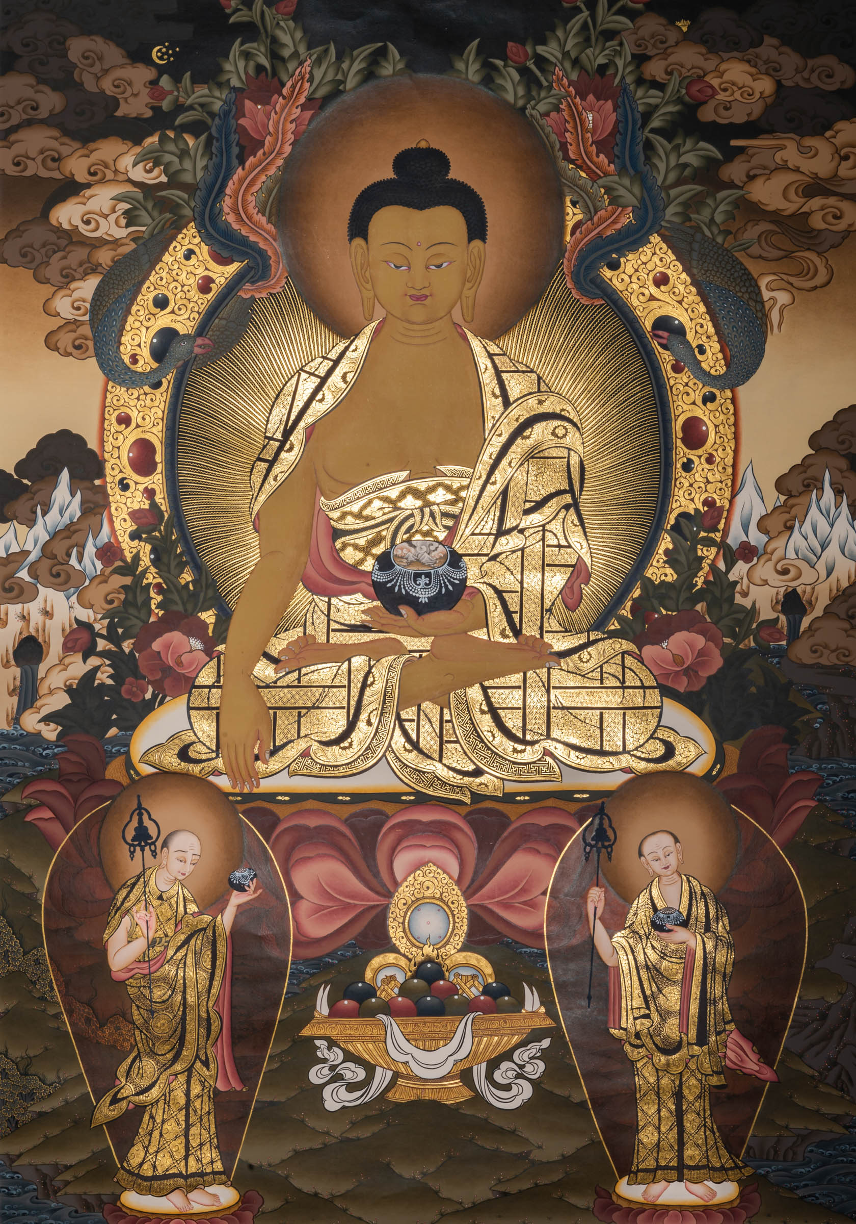 Shakyamuni Buddha Thangka painting depicting the historical Buddha seated in meditation with attendants, symbolizing enlightenment, wisdom, and the foundation of Buddhist teachings.