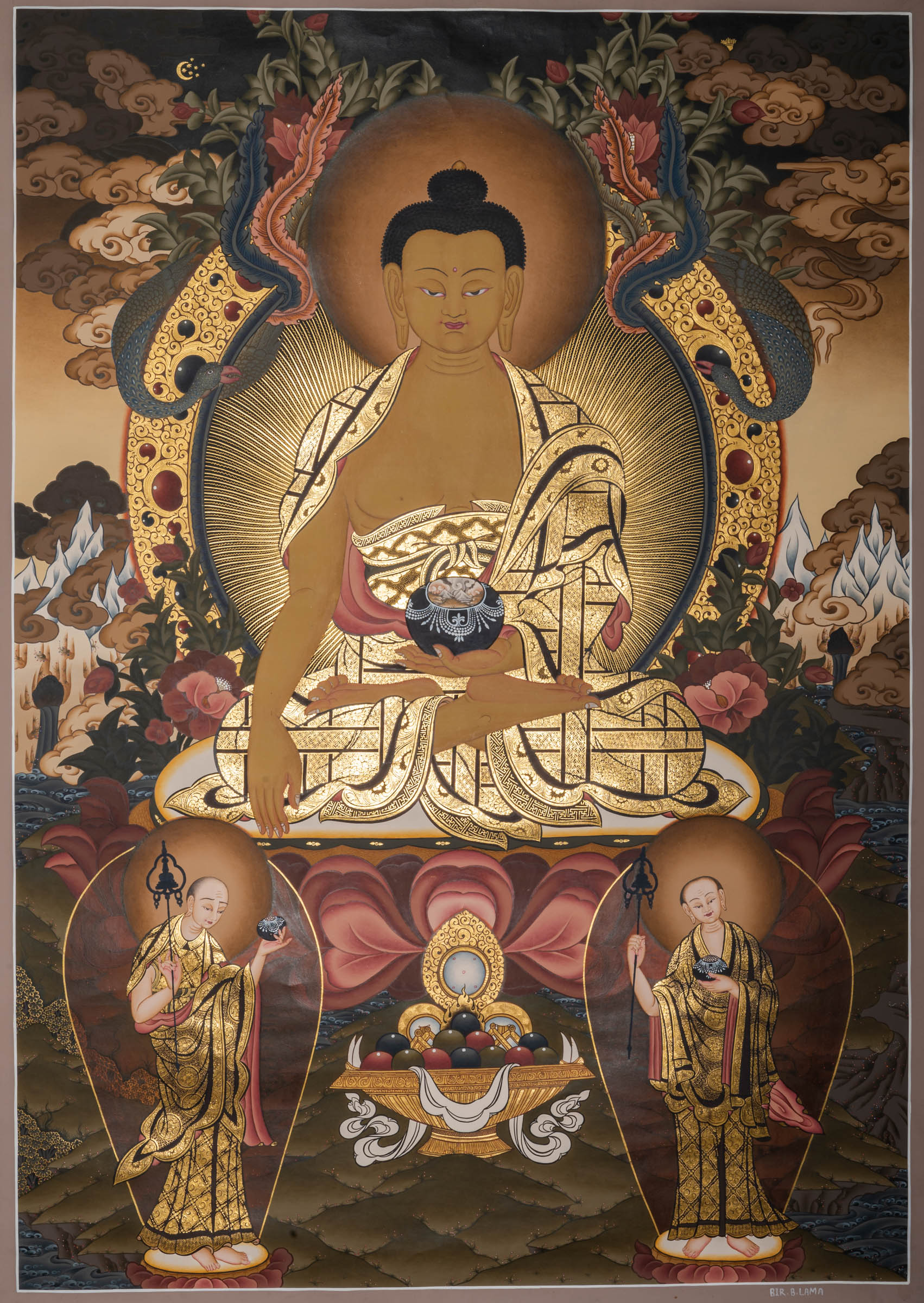 Shakyamuni Buddha Thangka painting depicting the historical Buddha seated in meditation with attendants, symbolizing enlightenment, wisdom, and the foundation of Buddhist teachings.