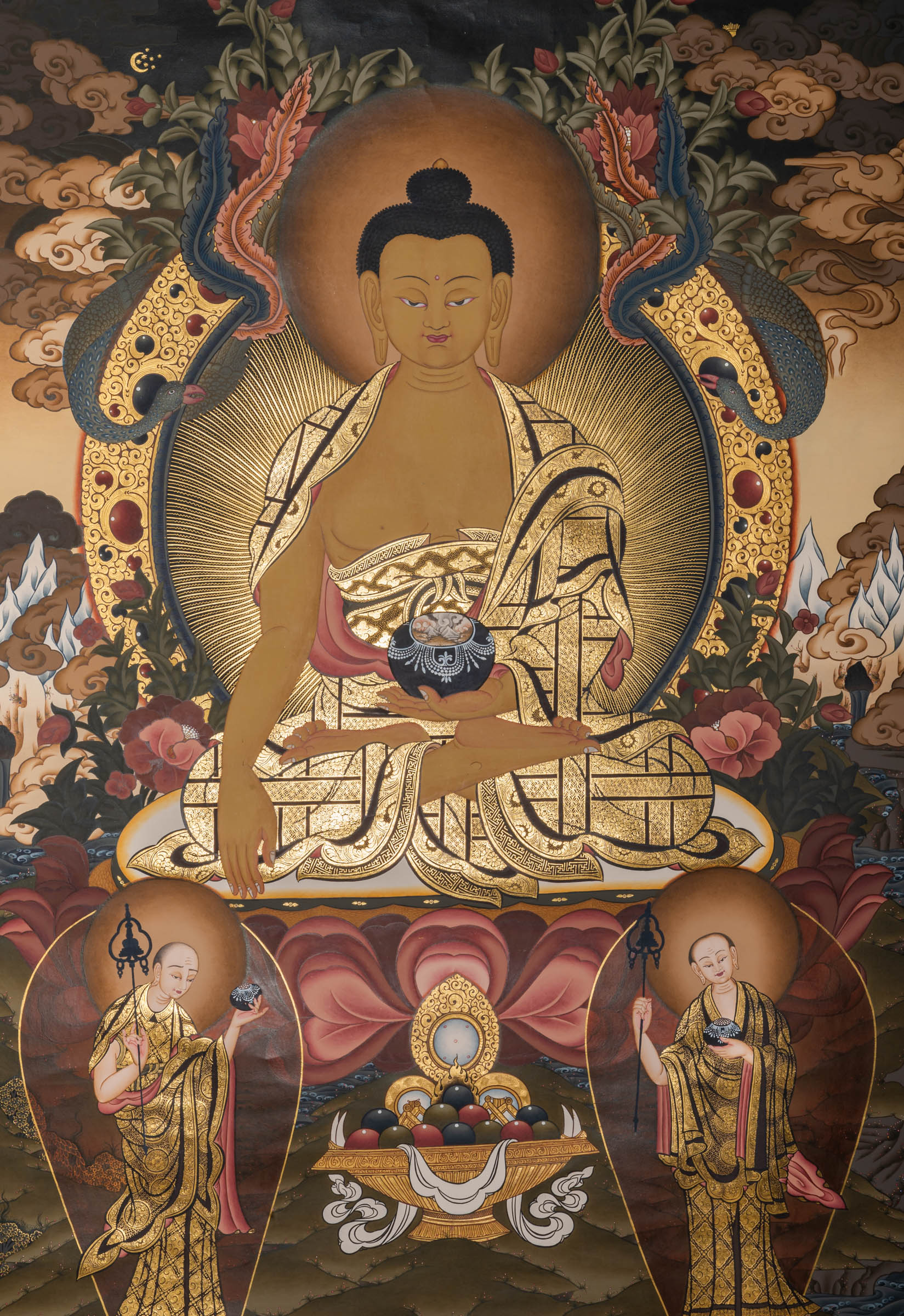 Shakyamuni Buddha Thangka painting depicting the historical Buddha seated in meditation with attendants, symbolizing enlightenment, wisdom, and the foundation of Buddhist teachings.
