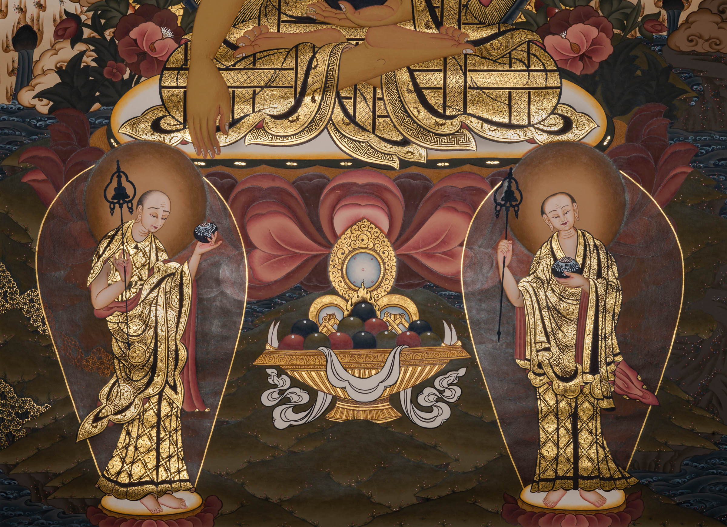 Shakyamuni Buddha Thangka painting depicting the historical Buddha seated in meditation with attendants, symbolizing enlightenment, wisdom, and the foundation of Buddhist teachings.