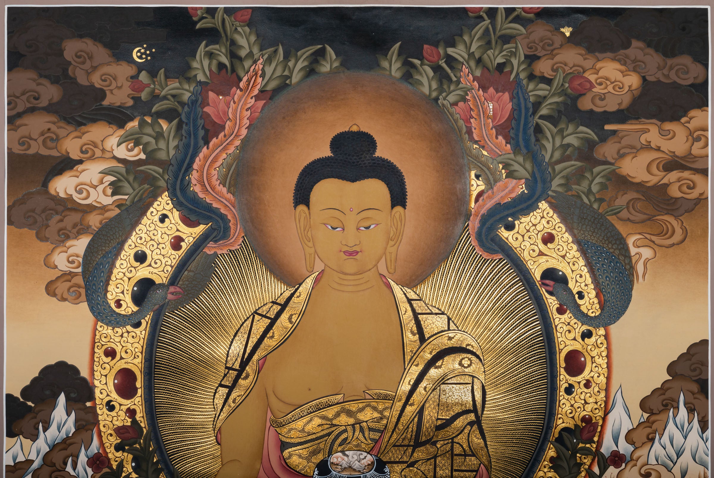 Shakyamuni Buddha Thangka painting depicting the historical Buddha seated in meditation with attendants, symbolizing enlightenment, wisdom, and the foundation of Buddhist teachings.