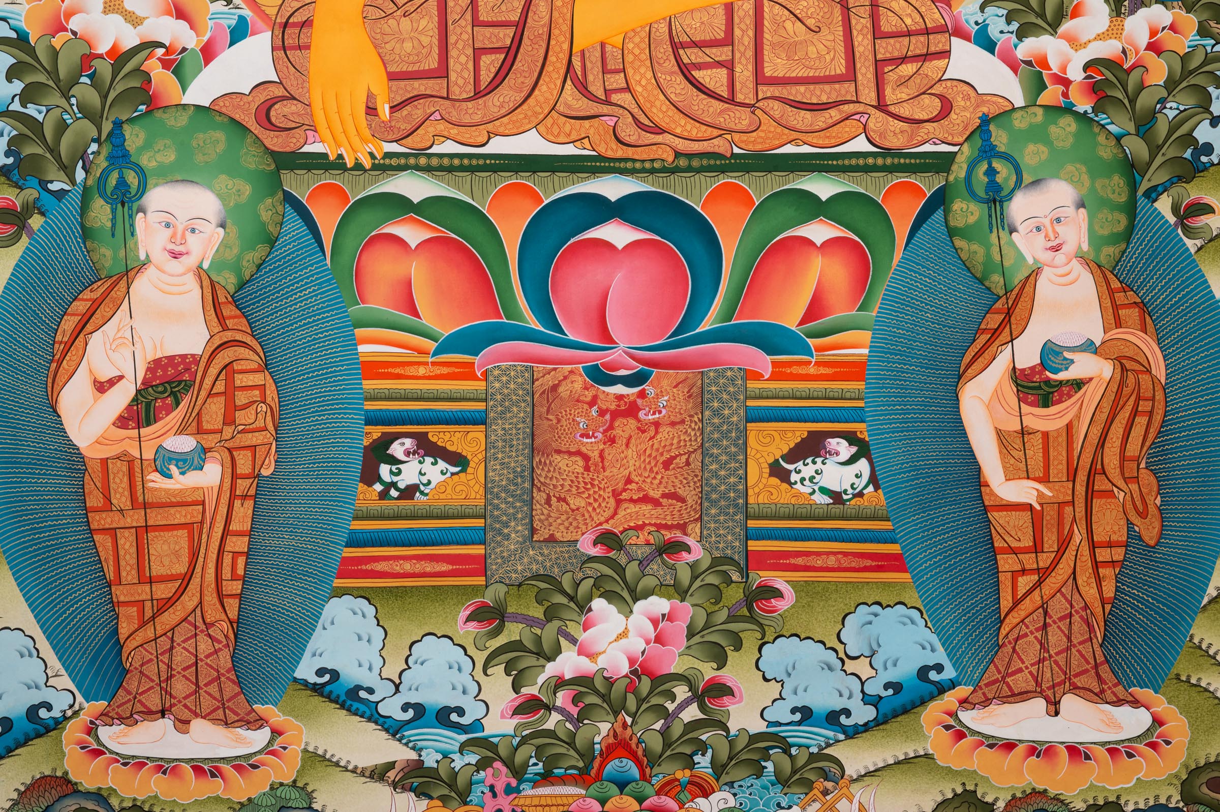 Shakyamuni Buddha Thangka depicting the historical Buddha seated on a lotus throne holding an alms bowl, flanked by attendant monks, symbolizing enlightenment and compassion in Tibetan Buddhist art.