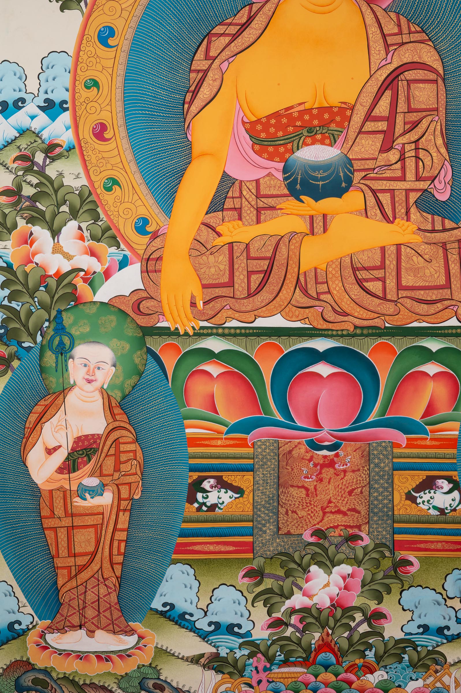 Shakyamuni Buddha Thangka depicting the historical Buddha seated on a lotus throne holding an alms bowl, flanked by attendant monks, symbolizing enlightenment and compassion in Tibetan Buddhist art.
