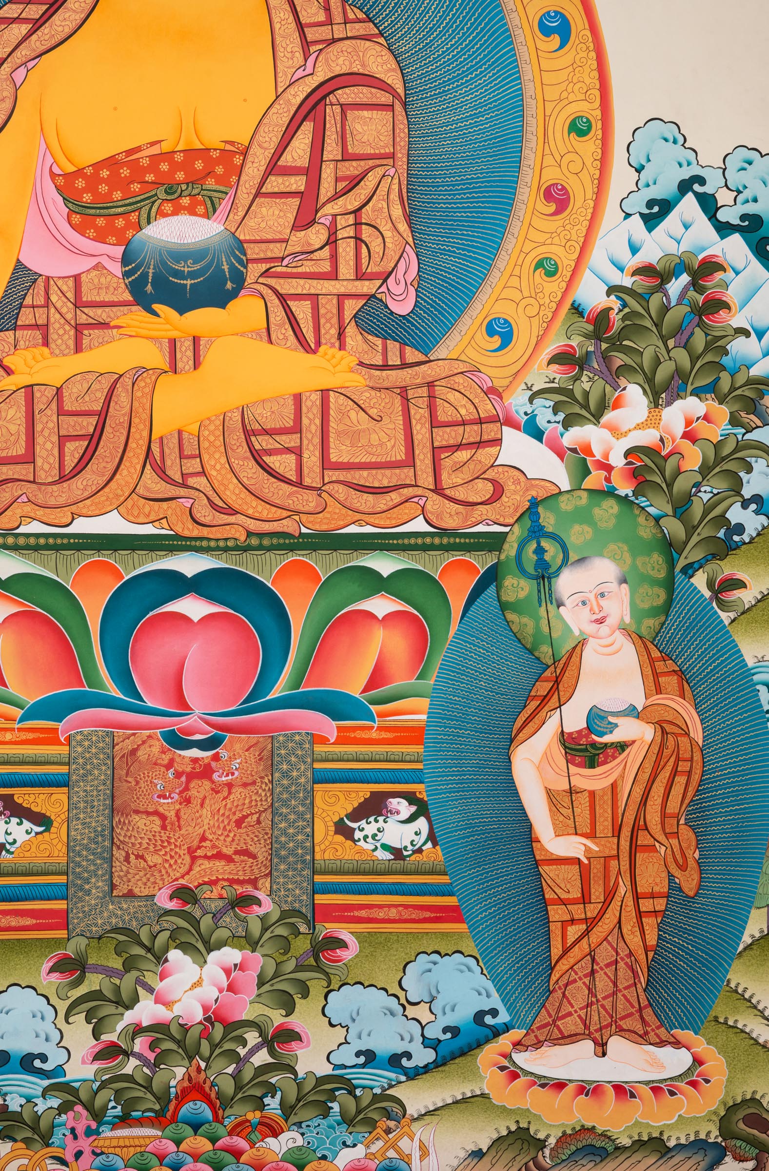 Shakyamuni Buddha Thangka depicting the historical Buddha seated on a lotus throne holding an alms bowl, flanked by attendant monks, symbolizing enlightenment and compassion in Tibetan Buddhist art.